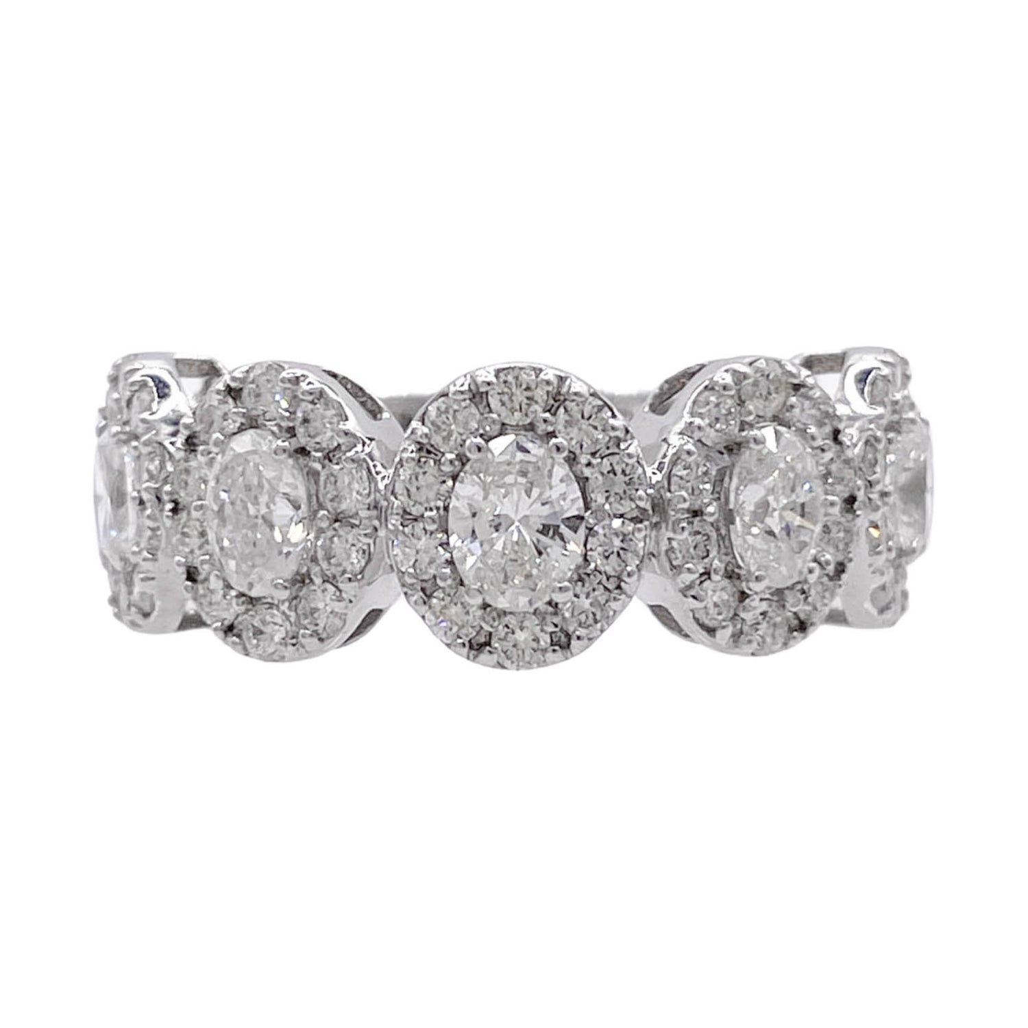 JAY FEDER 18K WHITE GOLD DIAMOND OVAL HALO HALFWAY BAND RING