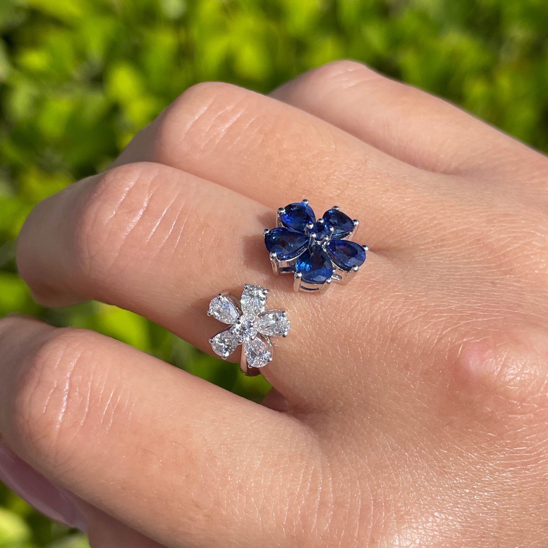 Jay Feder 18k White Gold Diamond Sapphire Cluster Crossover Ring