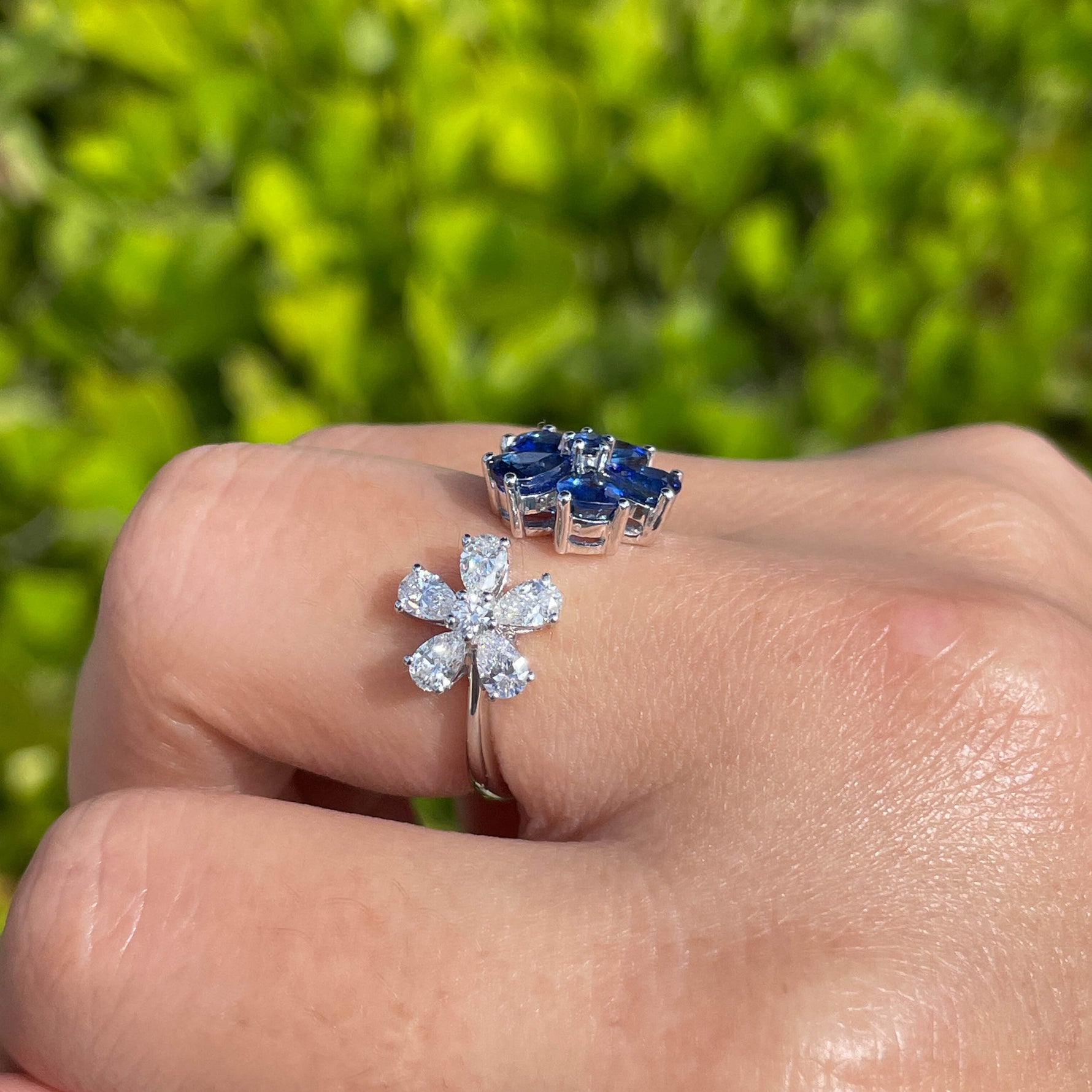 Jay Feder 18k White Gold Diamond Sapphire Cluster Crossover Ring