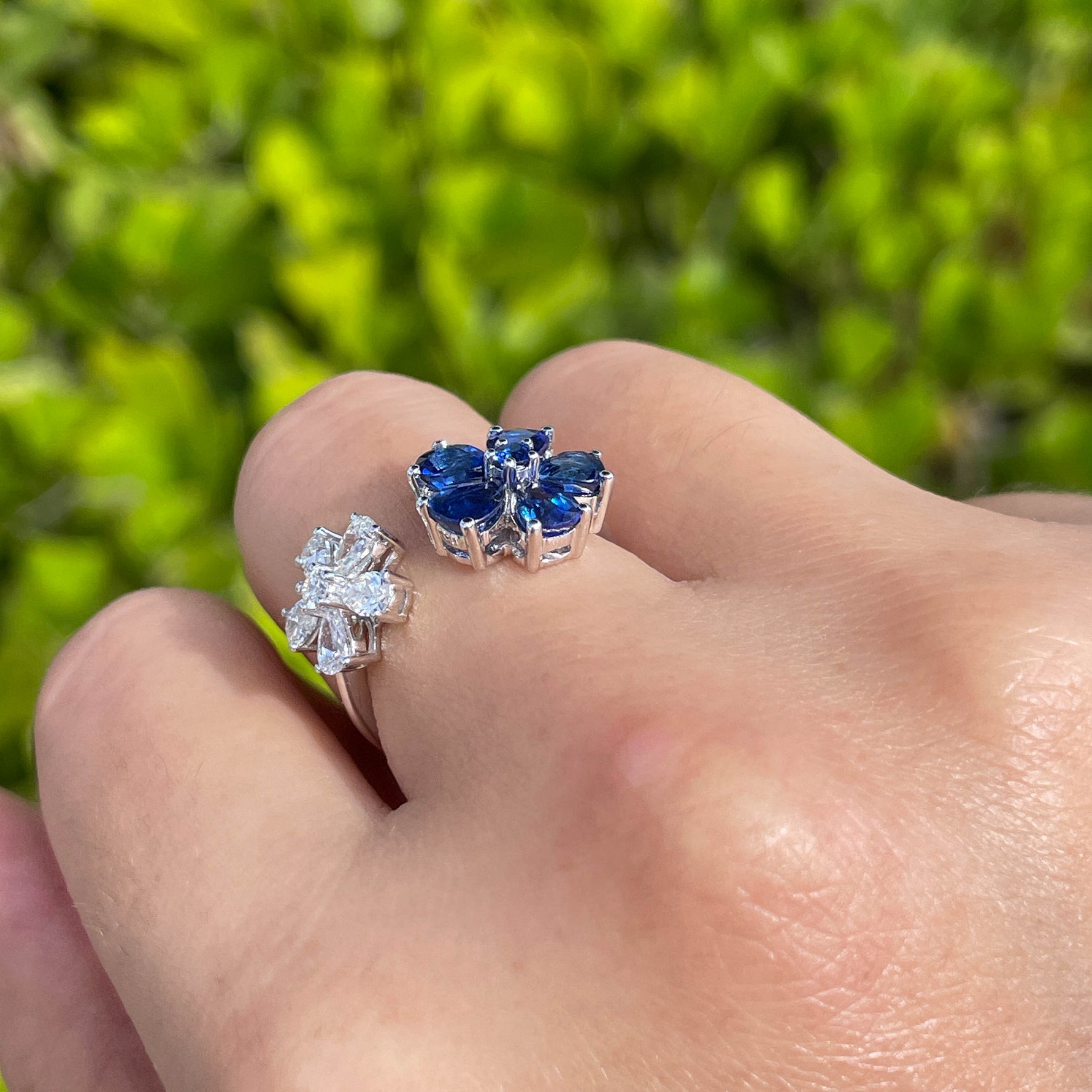 Jay Feder 18k White Gold Diamond Sapphire Cluster Crossover Ring