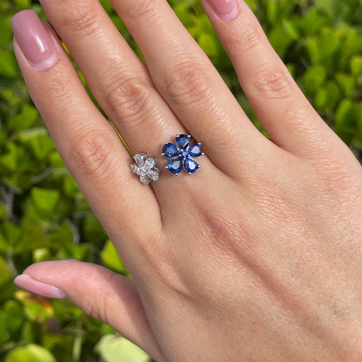 Jay Feder 18k White Gold Diamond Sapphire Cluster Crossover Ring