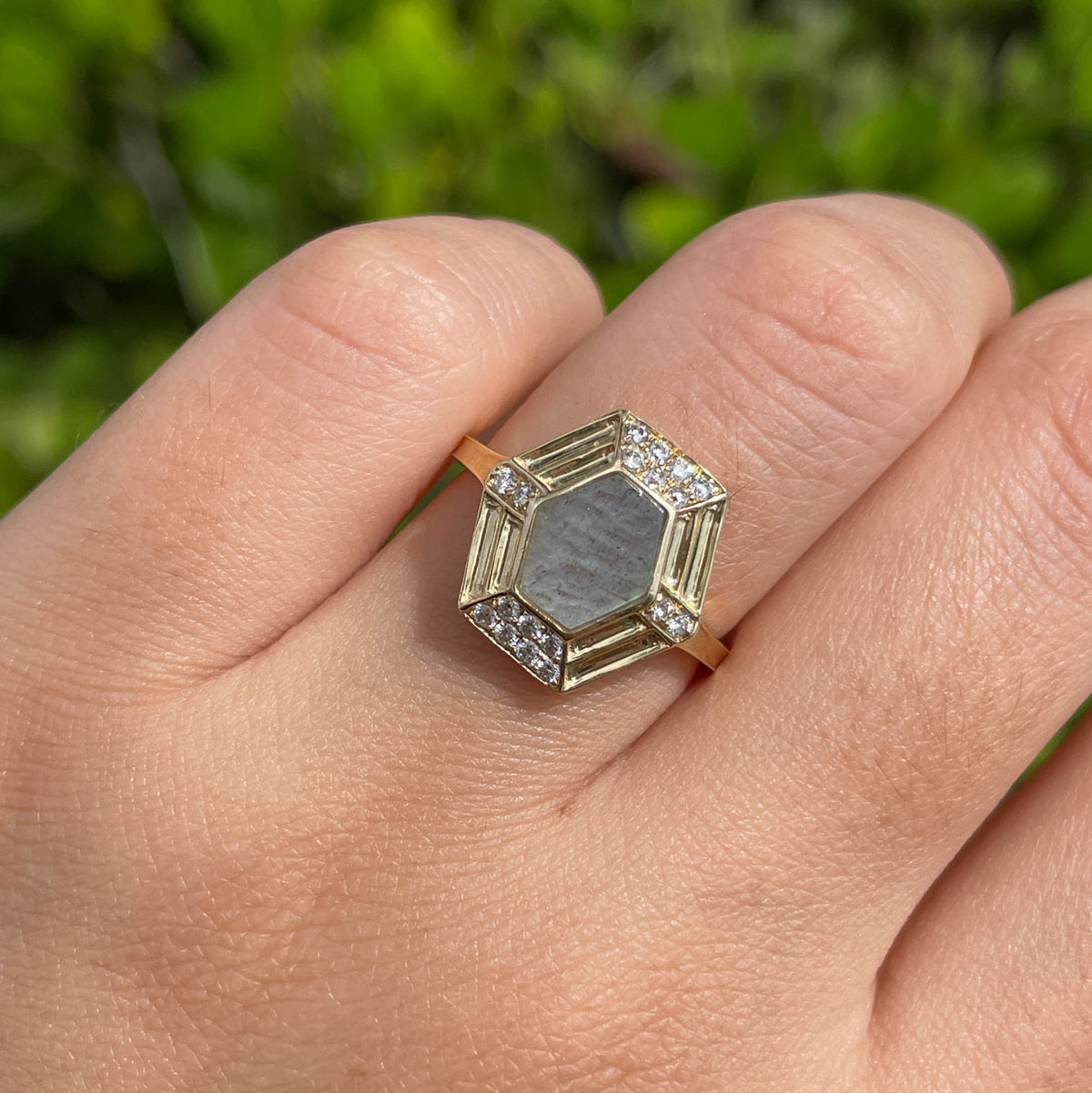 JAY FEDER 14K YELLOW GOLD LABRADORITE DIAMOND HEXAGON RING