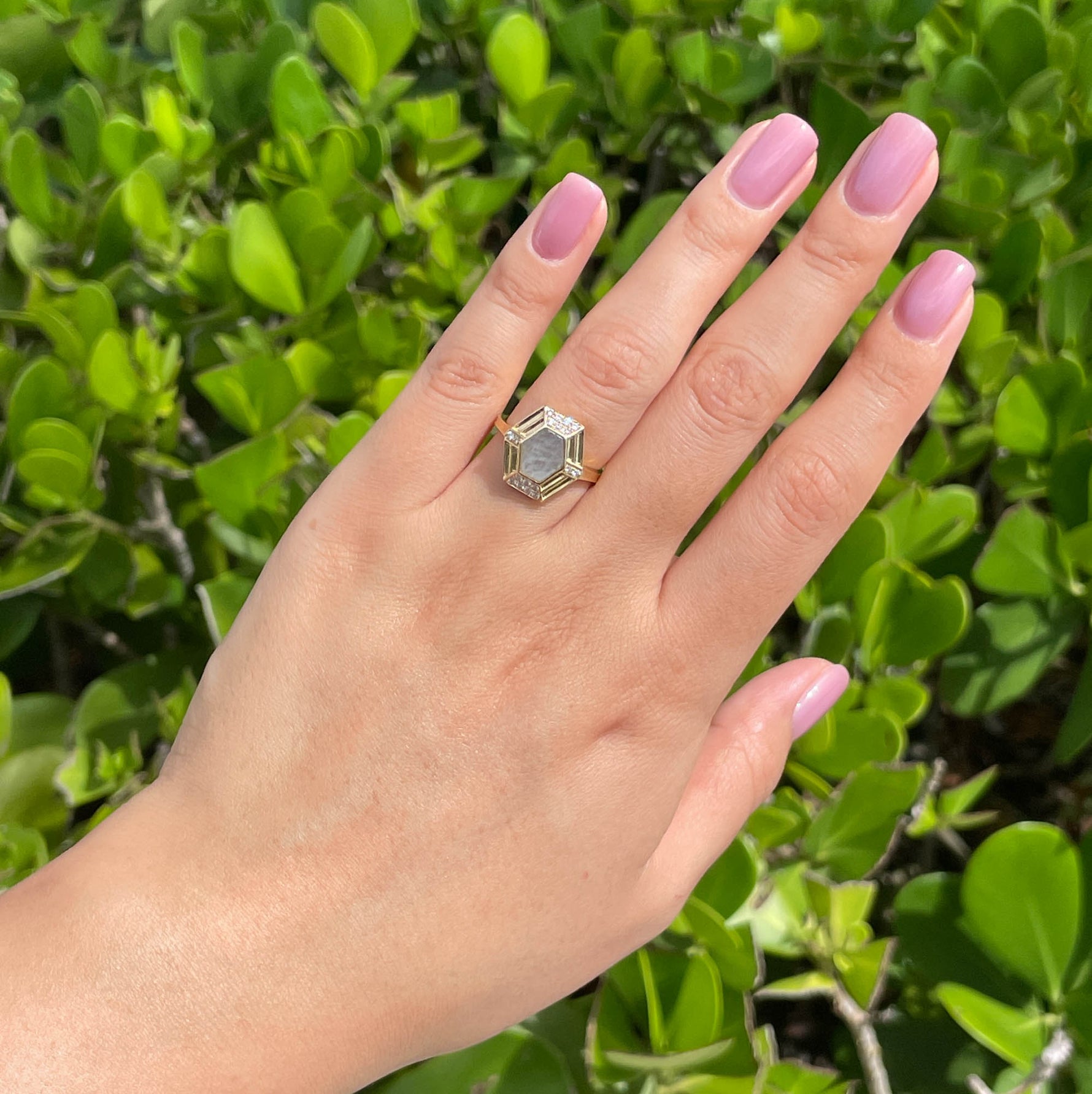 JAY FEDER 14K YELLOW GOLD LABRADORITE DIAMOND HEXAGON RING