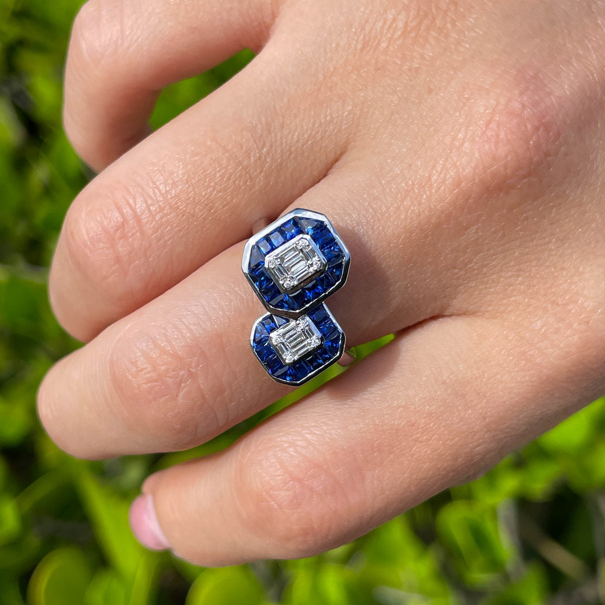 JAY FEDER 14K WHITE GOLD DIAMOND SAPPHIRE "TOI ET MOI" RING