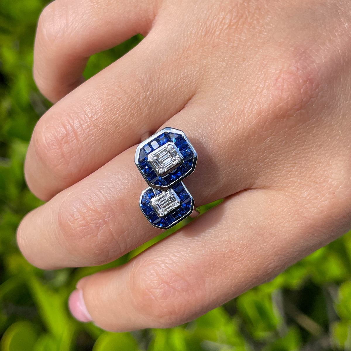 JAY FEDER 14K WHITE GOLD DIAMOND SAPPHIRE "TOI ET MOI" RING