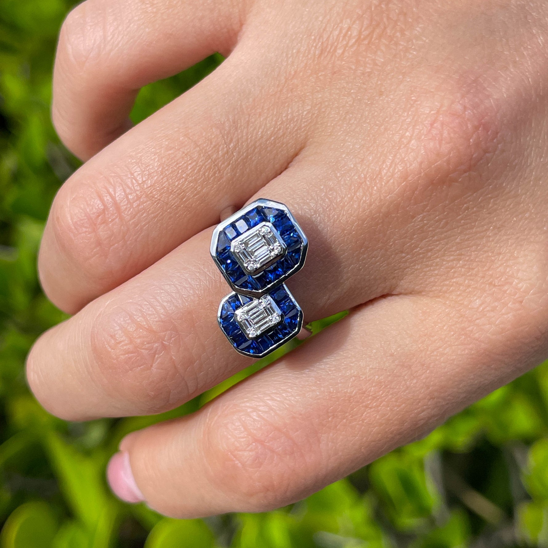 JAY FEDER 14K WHITE GOLD DIAMOND SAPPHIRE "TOI ET MOI" RING