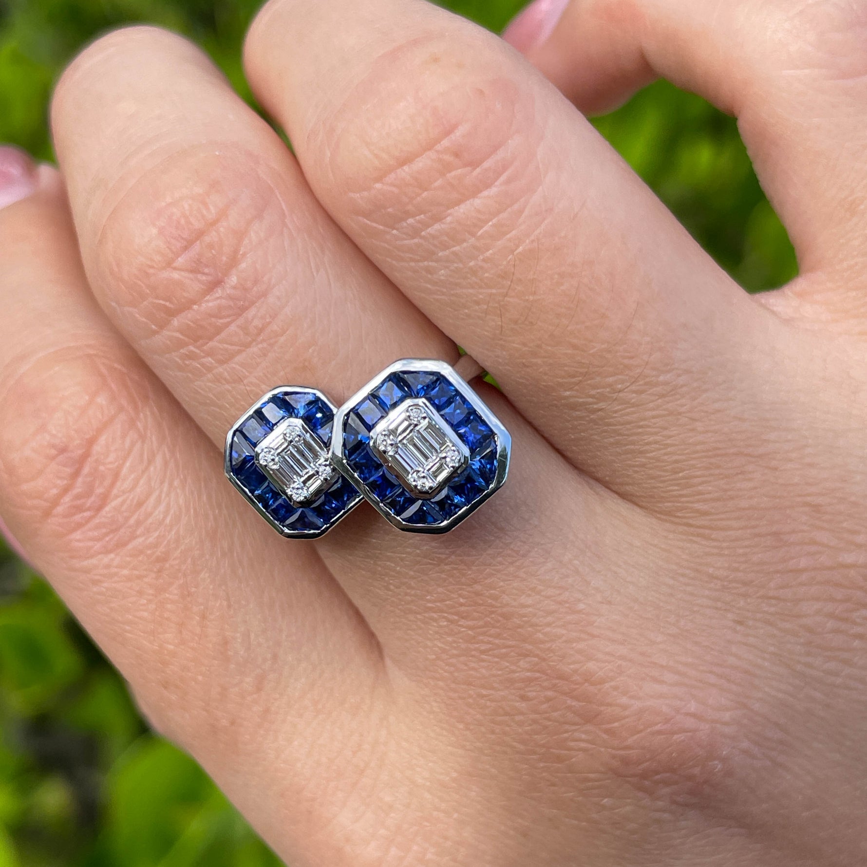 JAY FEDER 14K WHITE GOLD DIAMOND SAPPHIRE "TOI ET MOI" RING