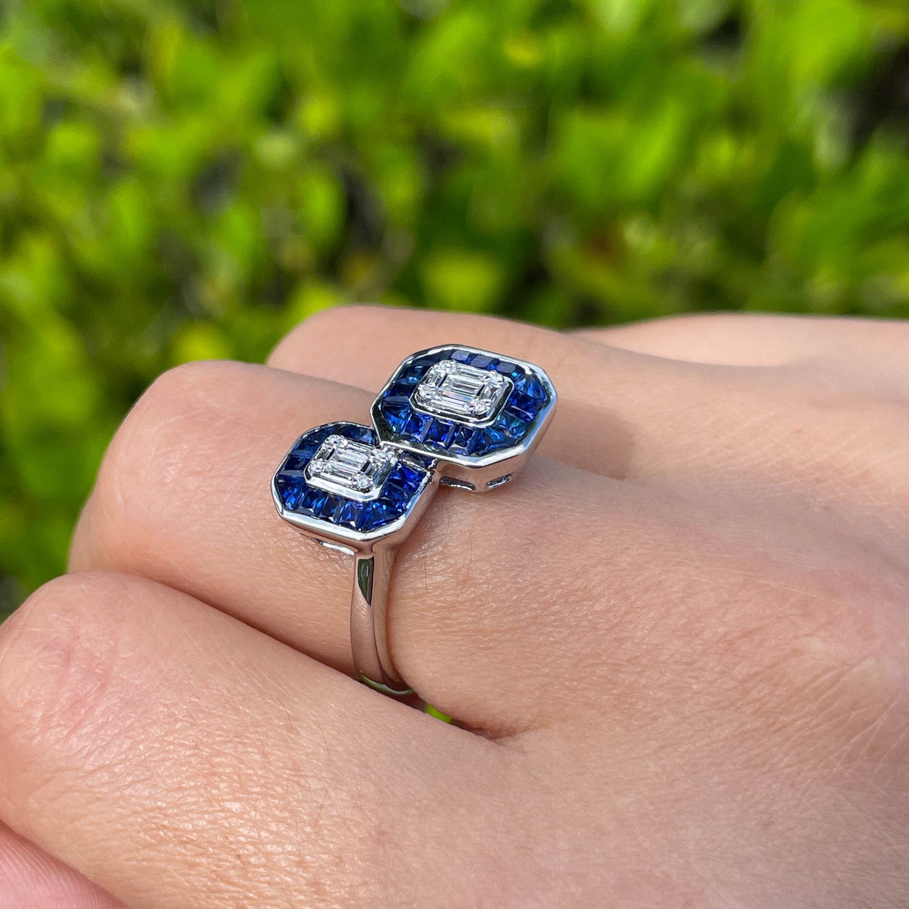 JAY FEDER 14K WHITE GOLD DIAMOND SAPPHIRE "TOI ET MOI" RING