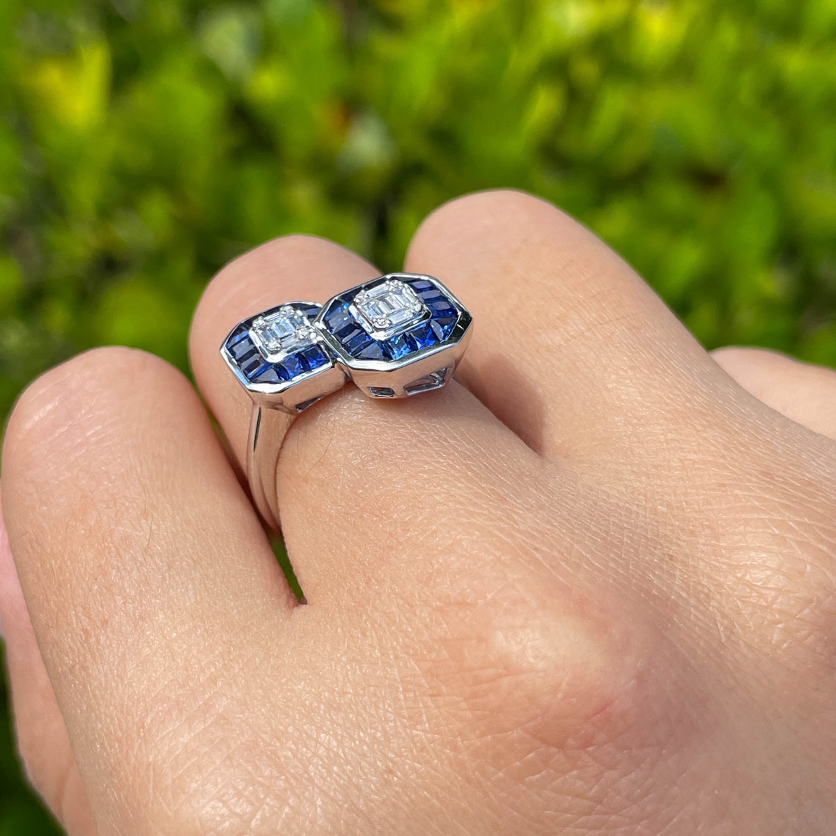 JAY FEDER 14K WHITE GOLD DIAMOND SAPPHIRE "TOI ET MOI" RING