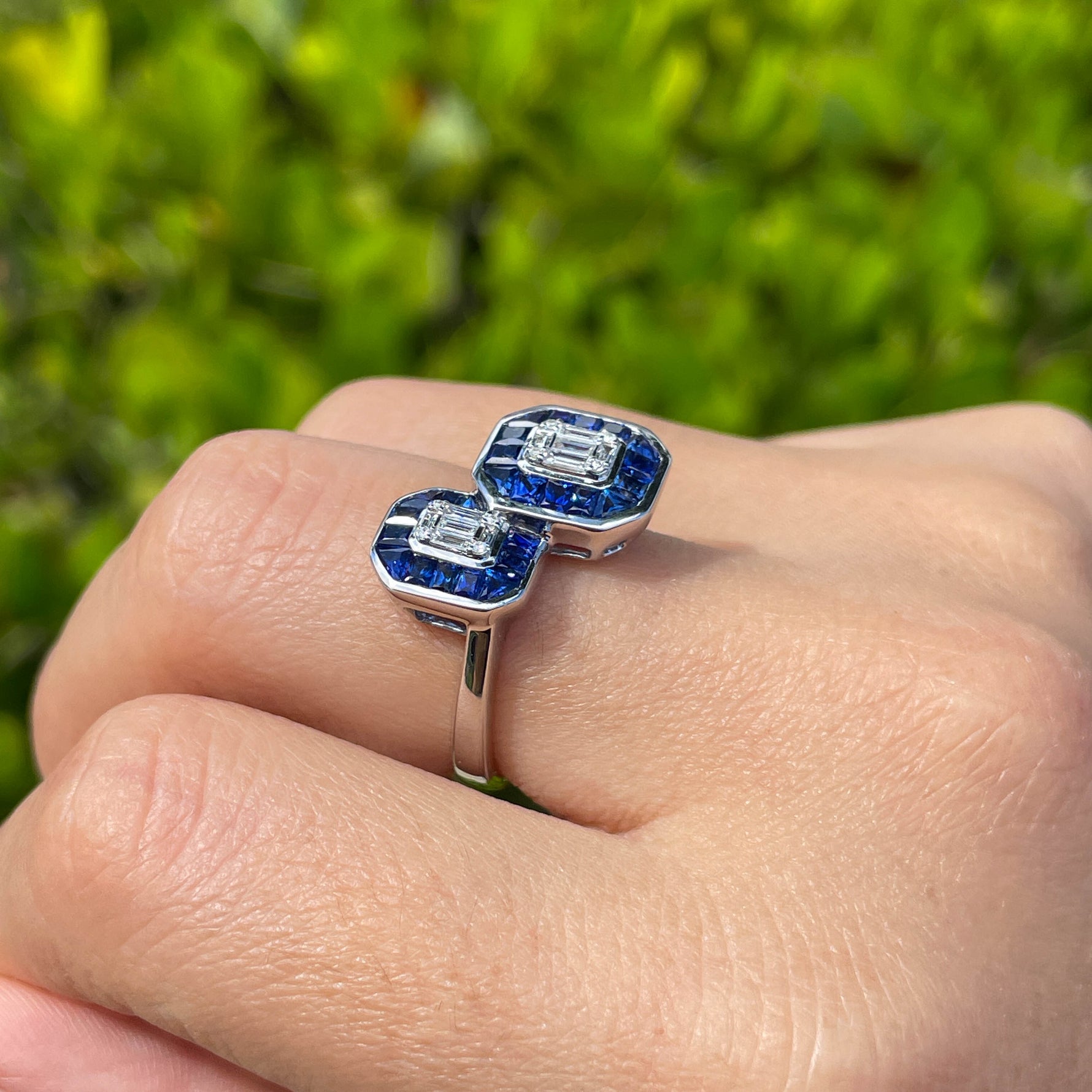 JAY FEDER 14K WHITE GOLD DIAMOND SAPPHIRE "TOI ET MOI" RING