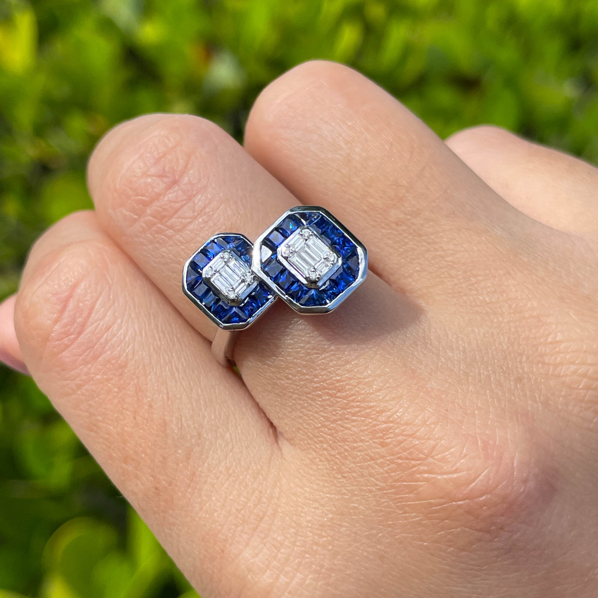 JAY FEDER 14K WHITE GOLD DIAMOND SAPPHIRE "TOI ET MOI" RING