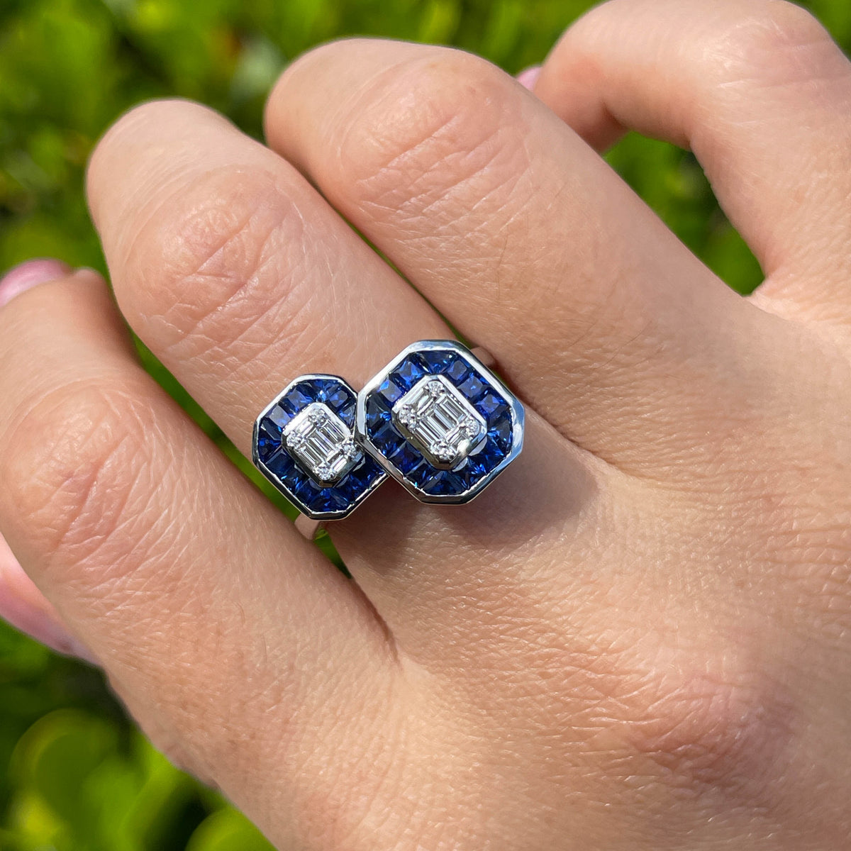 JAY FEDER 14K WHITE GOLD DIAMOND SAPPHIRE "TOI ET MOI" RING