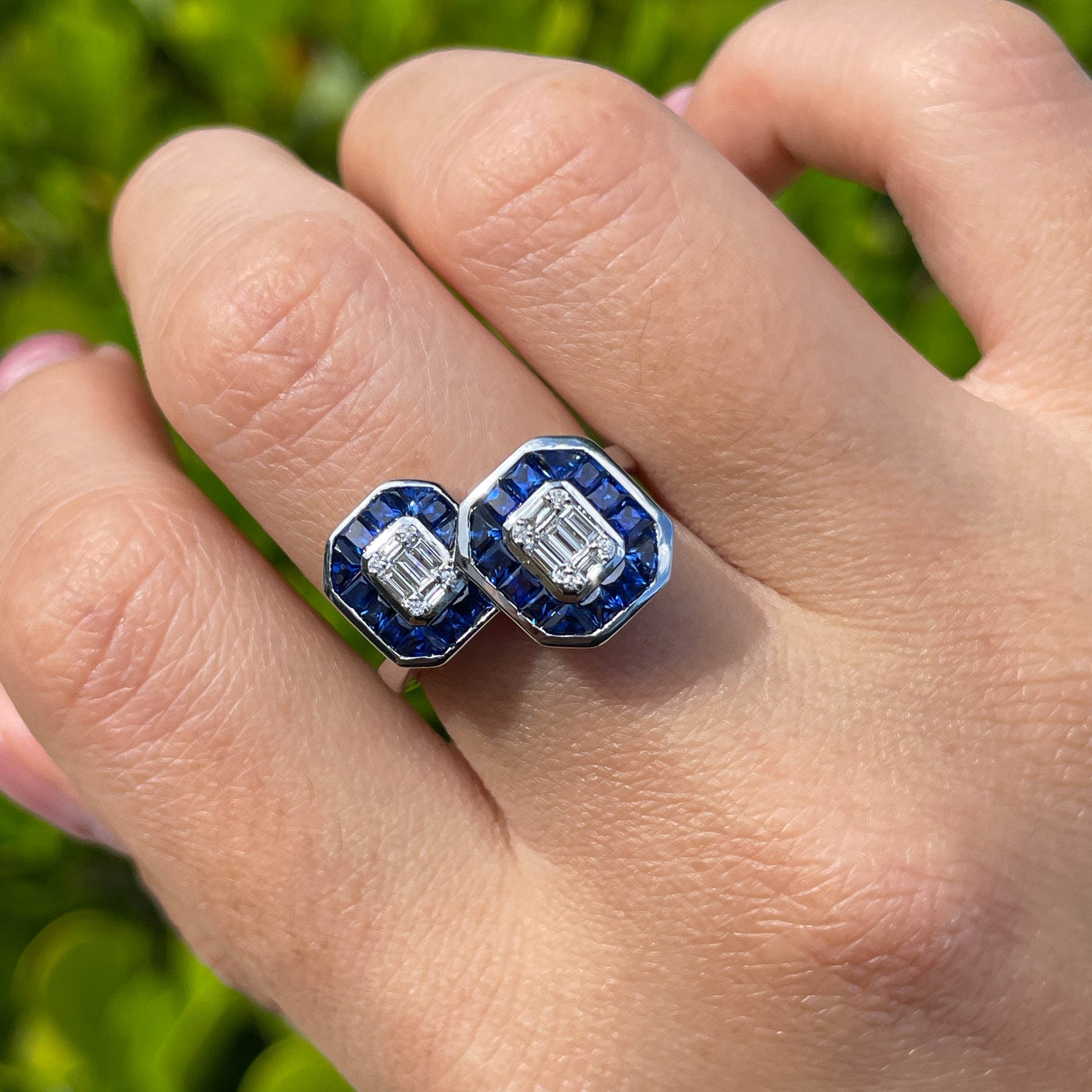 JAY FEDER 14K WHITE GOLD DIAMOND SAPPHIRE "TOI ET MOI" RING