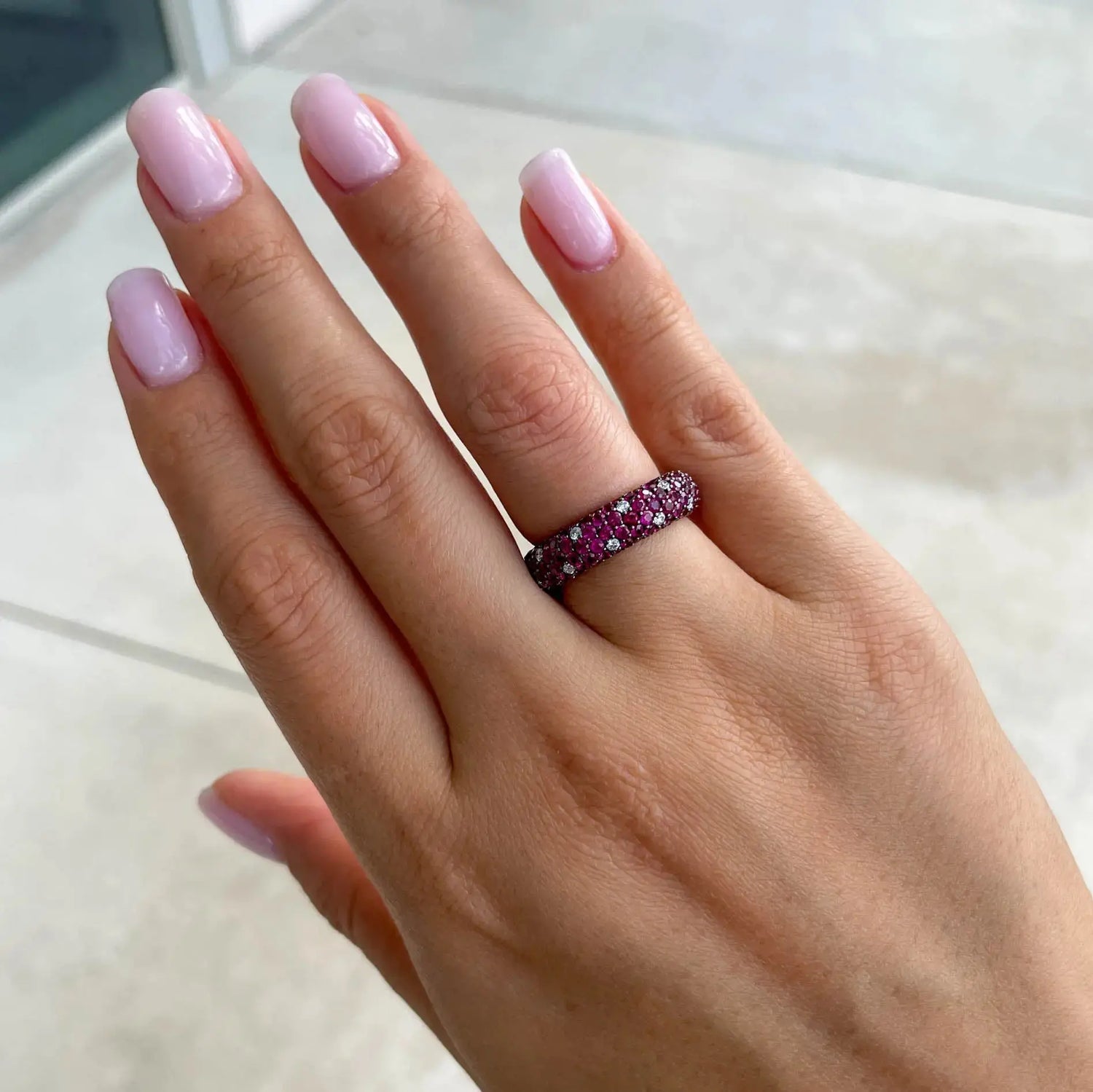 18K White Gold Ruby Diamond Wedding Band Ring