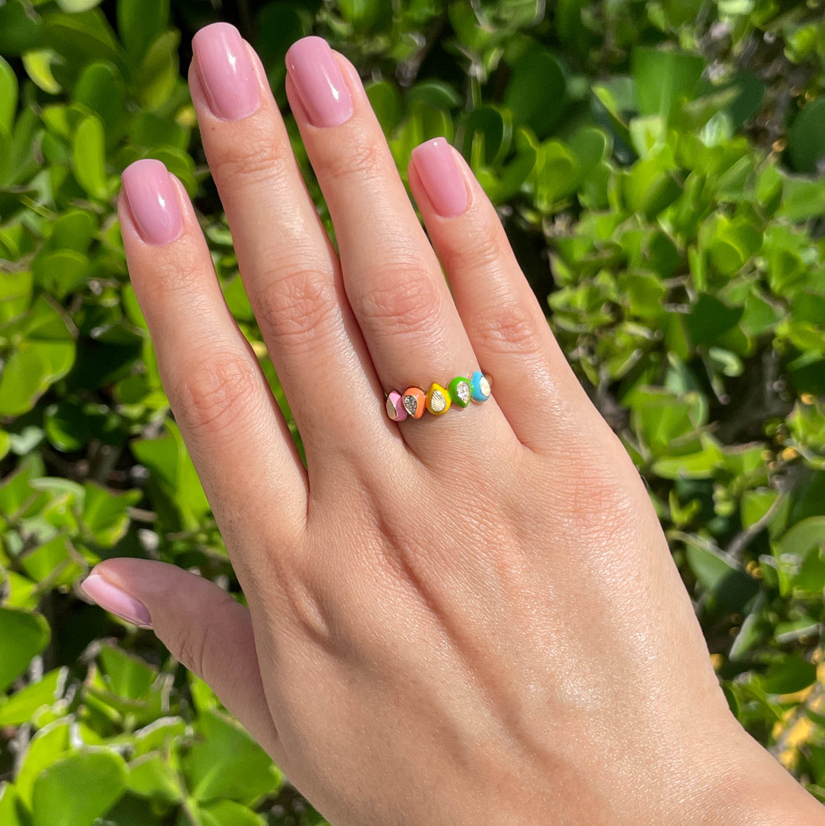 JAY FEDER 14K YELLOW GOLD DIAMOND MULTI COLORED ENAMEL BAND RING