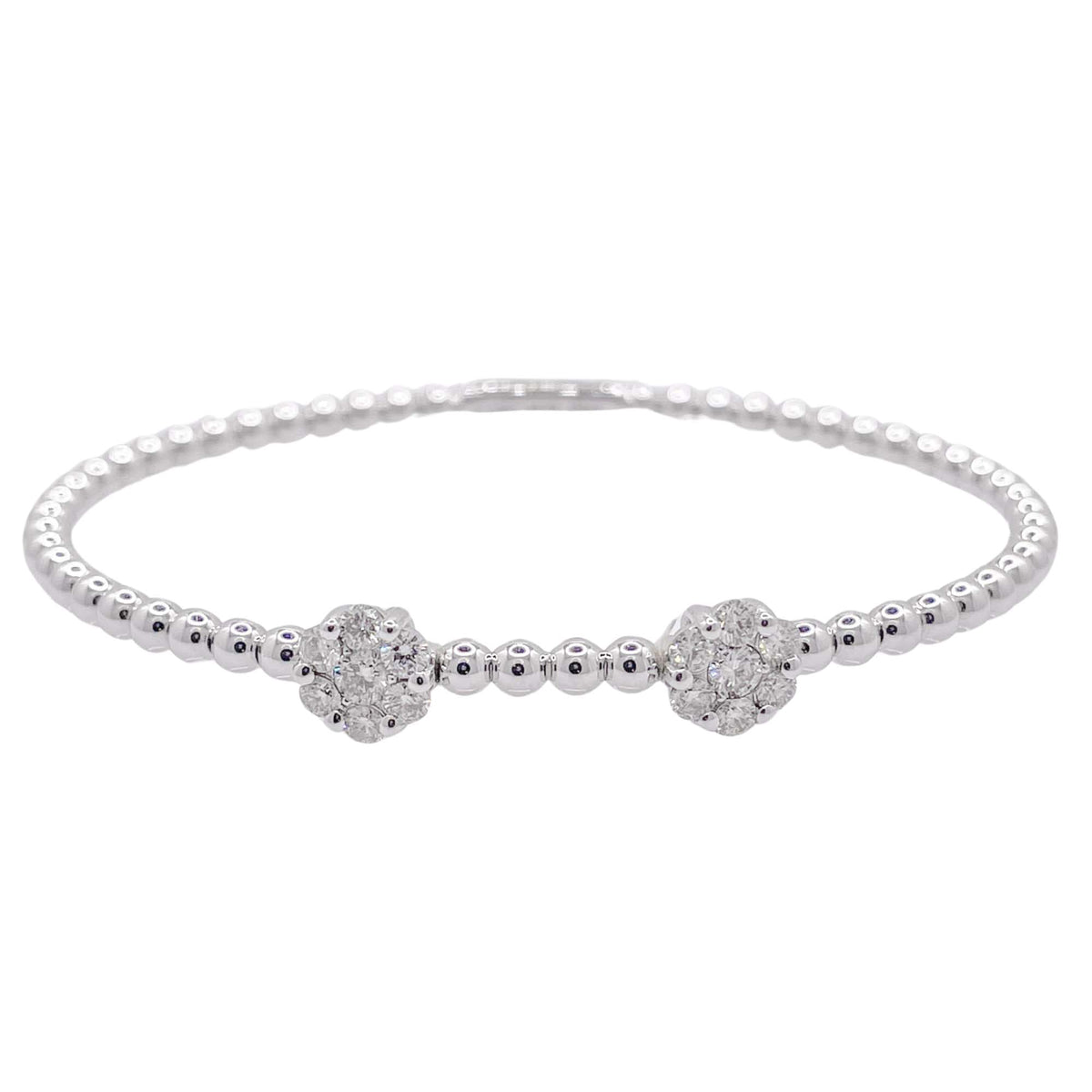 Jay Feder 18k White Gold Diamond 2 Flower Cluster Bangle Bracelet