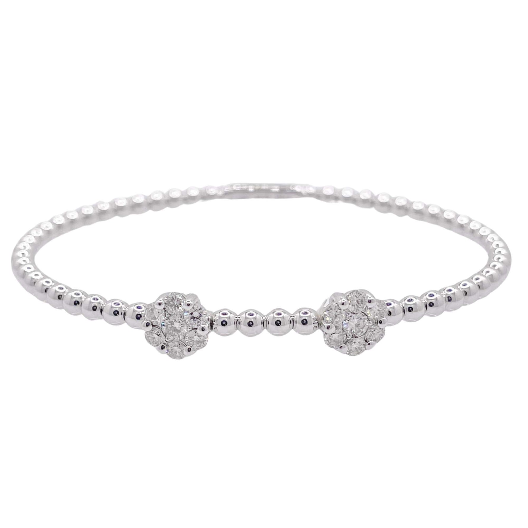 Jay Feder 18k White Gold Diamond 2 Flower Cluster Bangle Bracelet