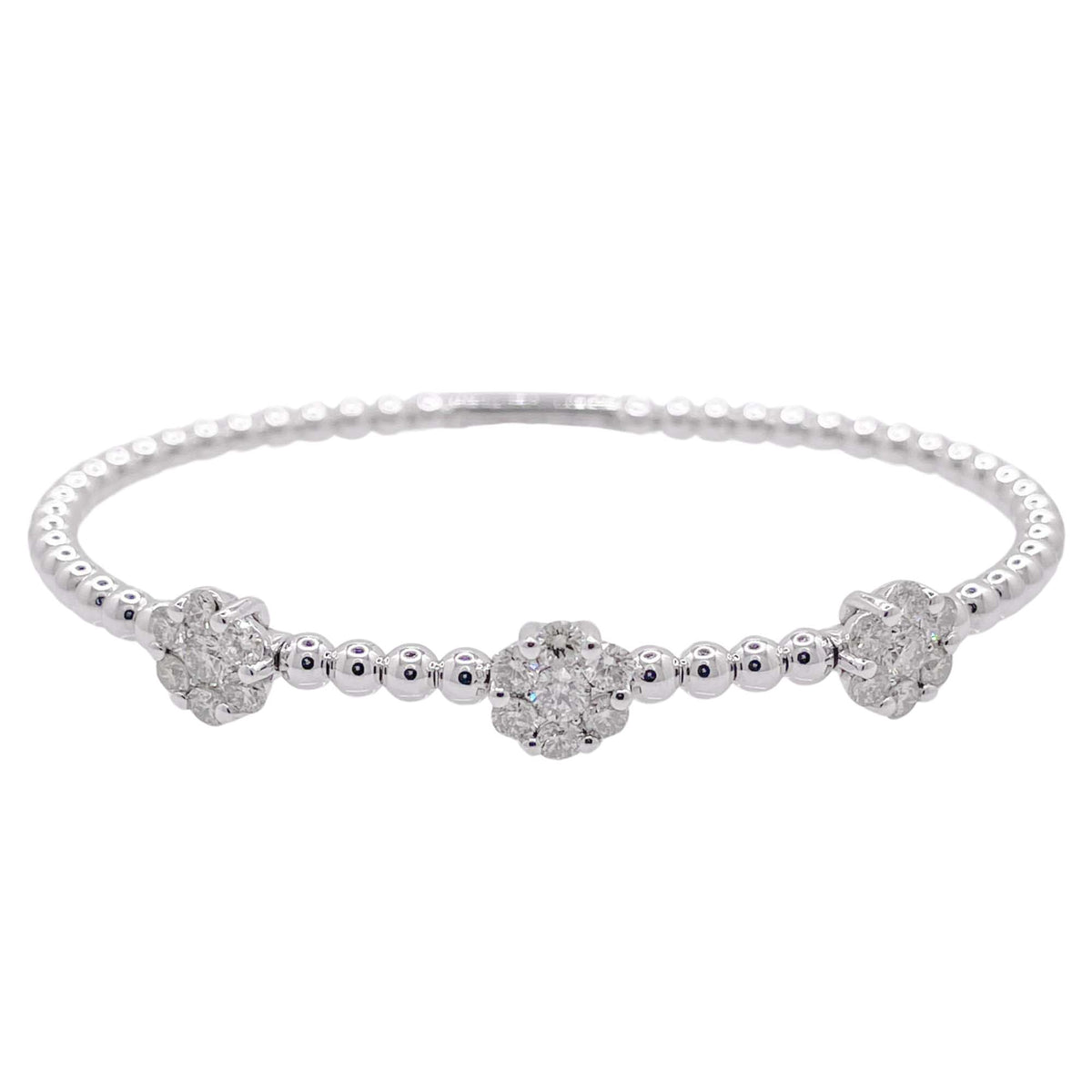 Jay Feder 18k White Gold Diamond 3 Flower Cluster Bangle Bracelet