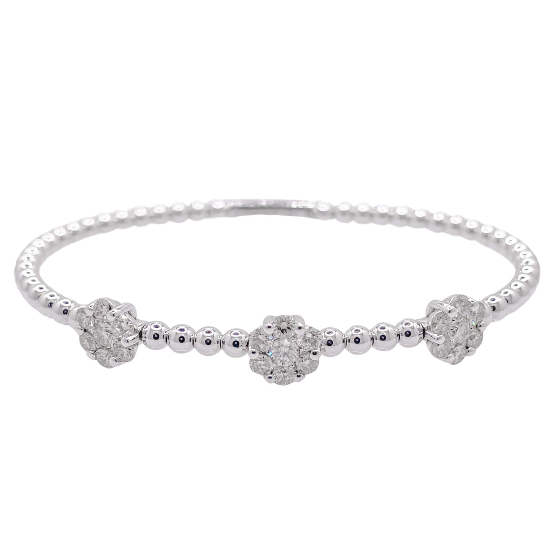 Jay Feder 18k White Gold Diamond 3 Flower Cluster Bangle Bracelet