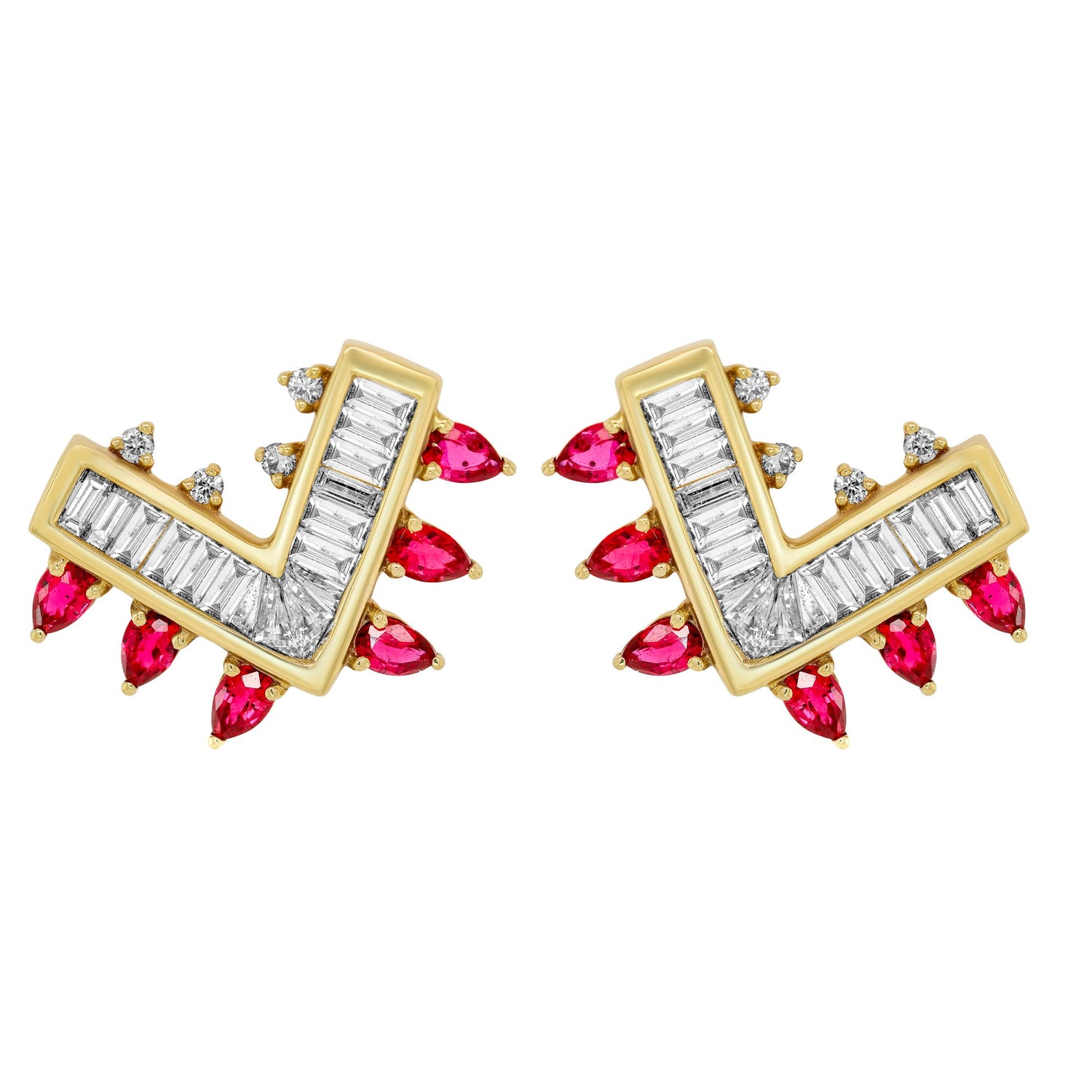 Khai Khai 18k Yellow Gold Ruby Diamond Jagged Paisley Stud Earrings