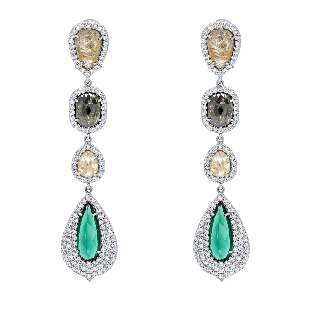 Jay Feder 18K White Gold Diamond Green Tourmaline 4 Drops Earrings
