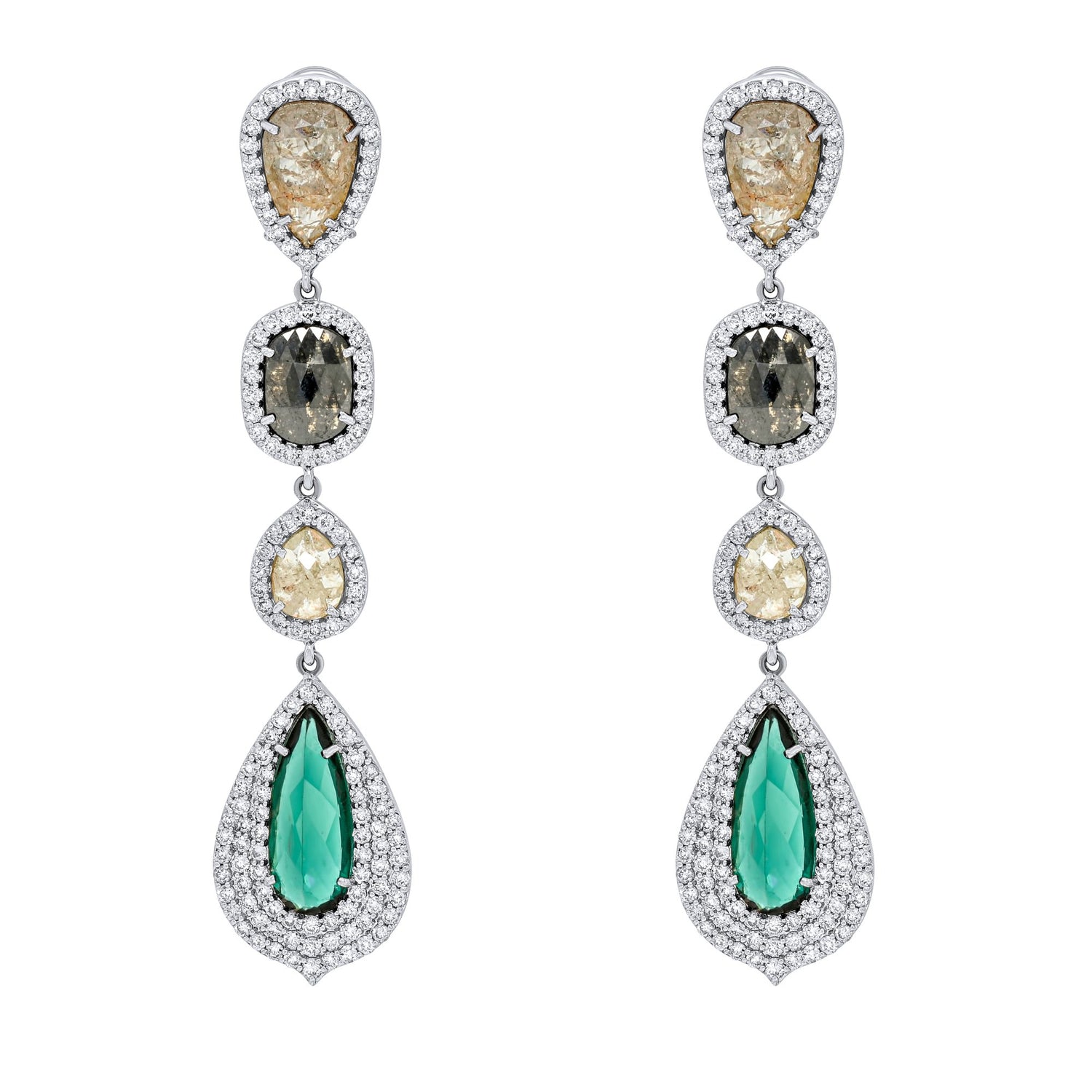 Jay Feder 18K White Gold Diamond Green Tourmaline 4 Drops Earrings