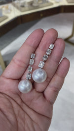 Jay Feder 18K White Gold Diamond South Sea Pearl Dangle Drop Earrings