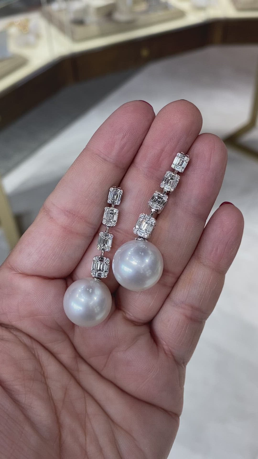 Jay Feder 18K White Gold Diamond South Sea Pearl Dangle Drop Earrings