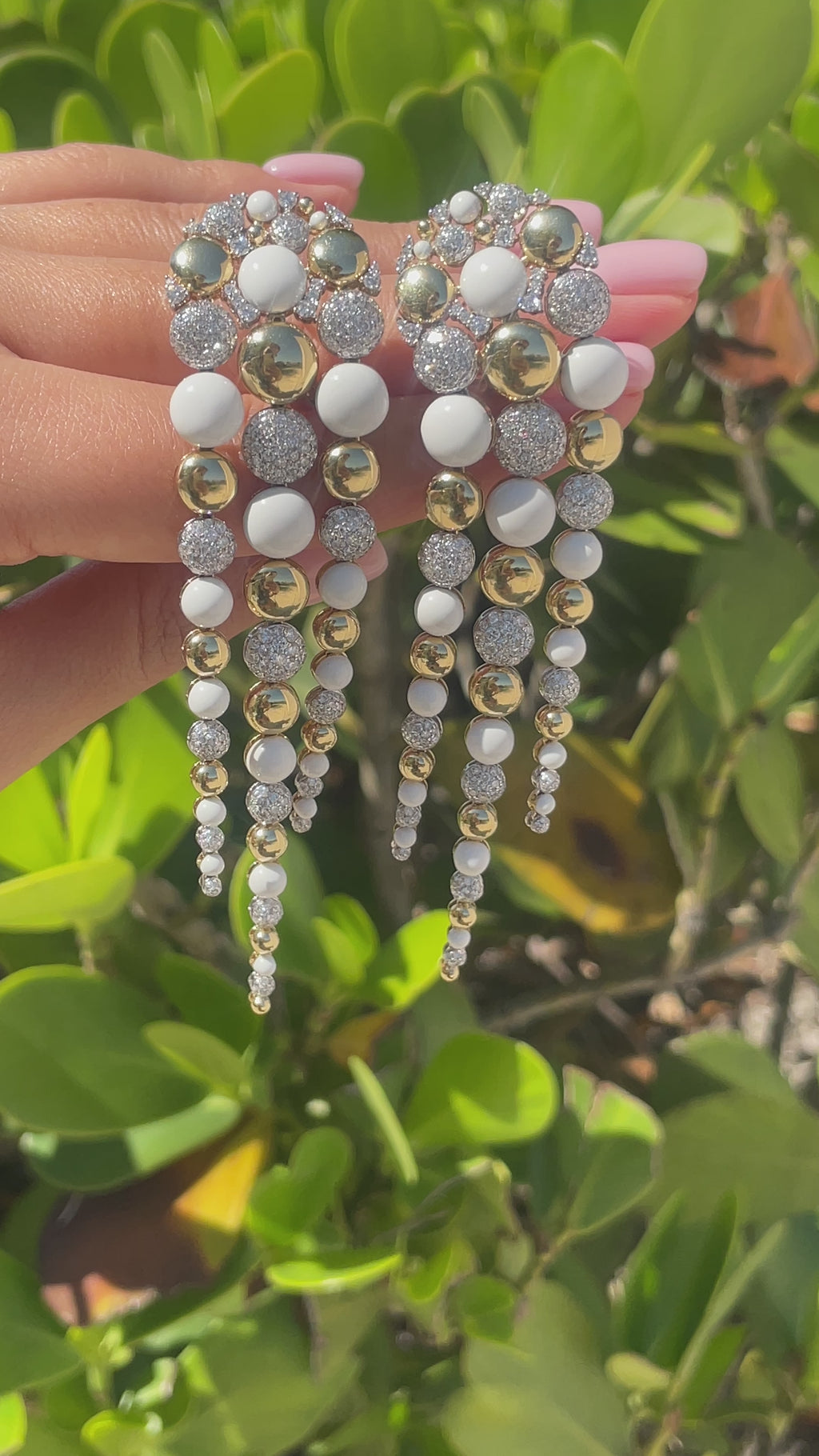 Sutra 18k Two Tone Gold Diamond White Ceramic Bubble Drop Dangle Earrings