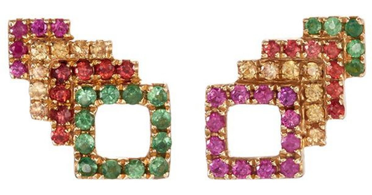 Khai Khai 18k yellow gold Multi colored Stacked Square Aztec Earrings