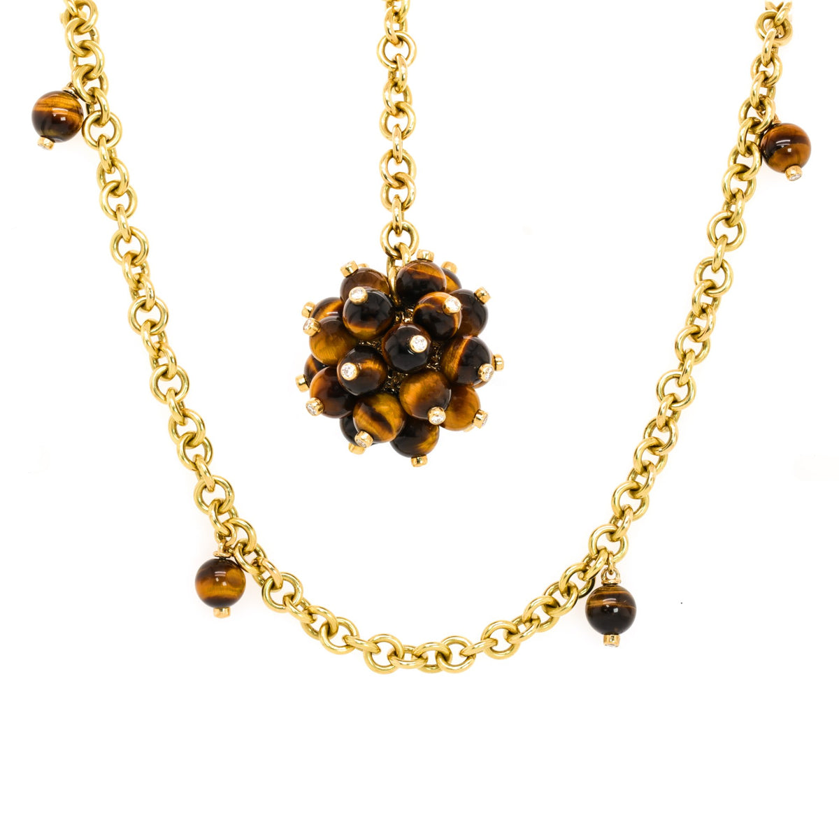 Aletto Brothers 18K Yellow Gold Tiger Eye Diamond Pom Pom Lariat Pendant