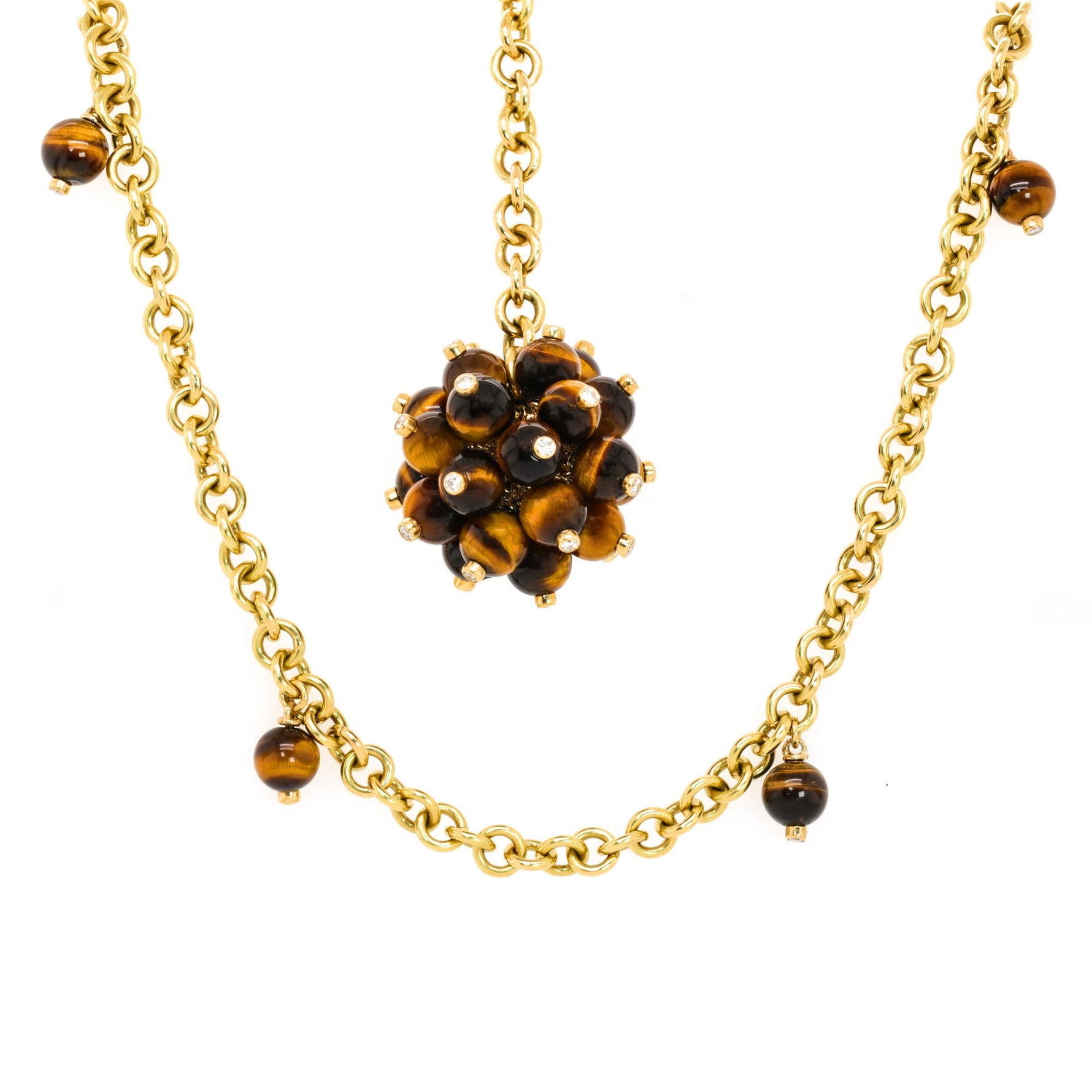Aletto Brothers 18K Yellow Gold Tiger Eye Diamond Pom Pom Lariat Pendant