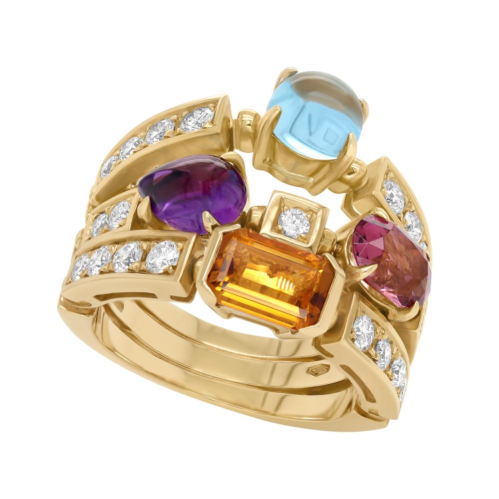 Jay Feder 18K Yellow gold diamond multi color Bulgari cocktail ring