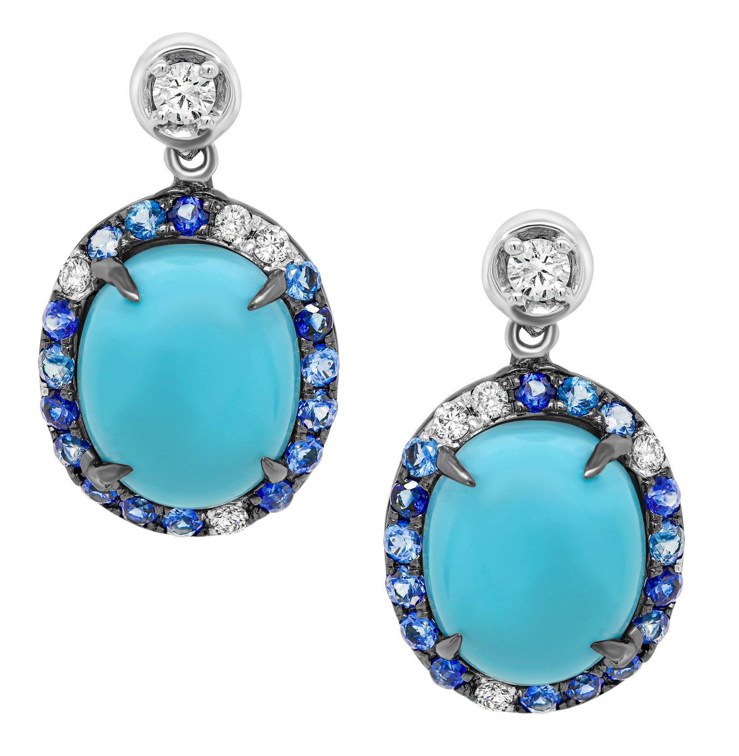 Jay Feder 18K White Gold Turquoise Diamond Blue Saphire Oval Earrings