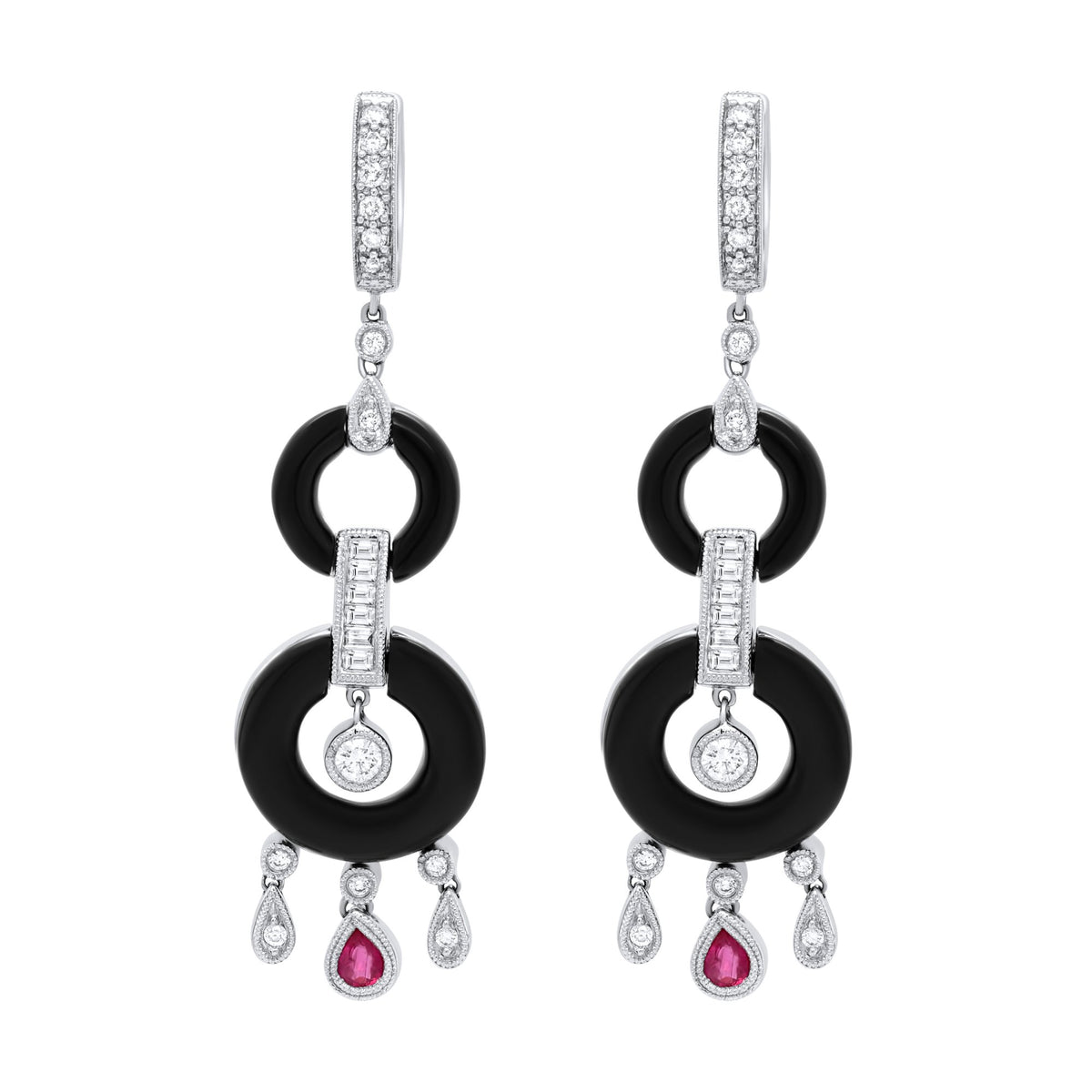 Jay Feder 18K White Gold Diamond Ruby Onyx Art Deco Earrings