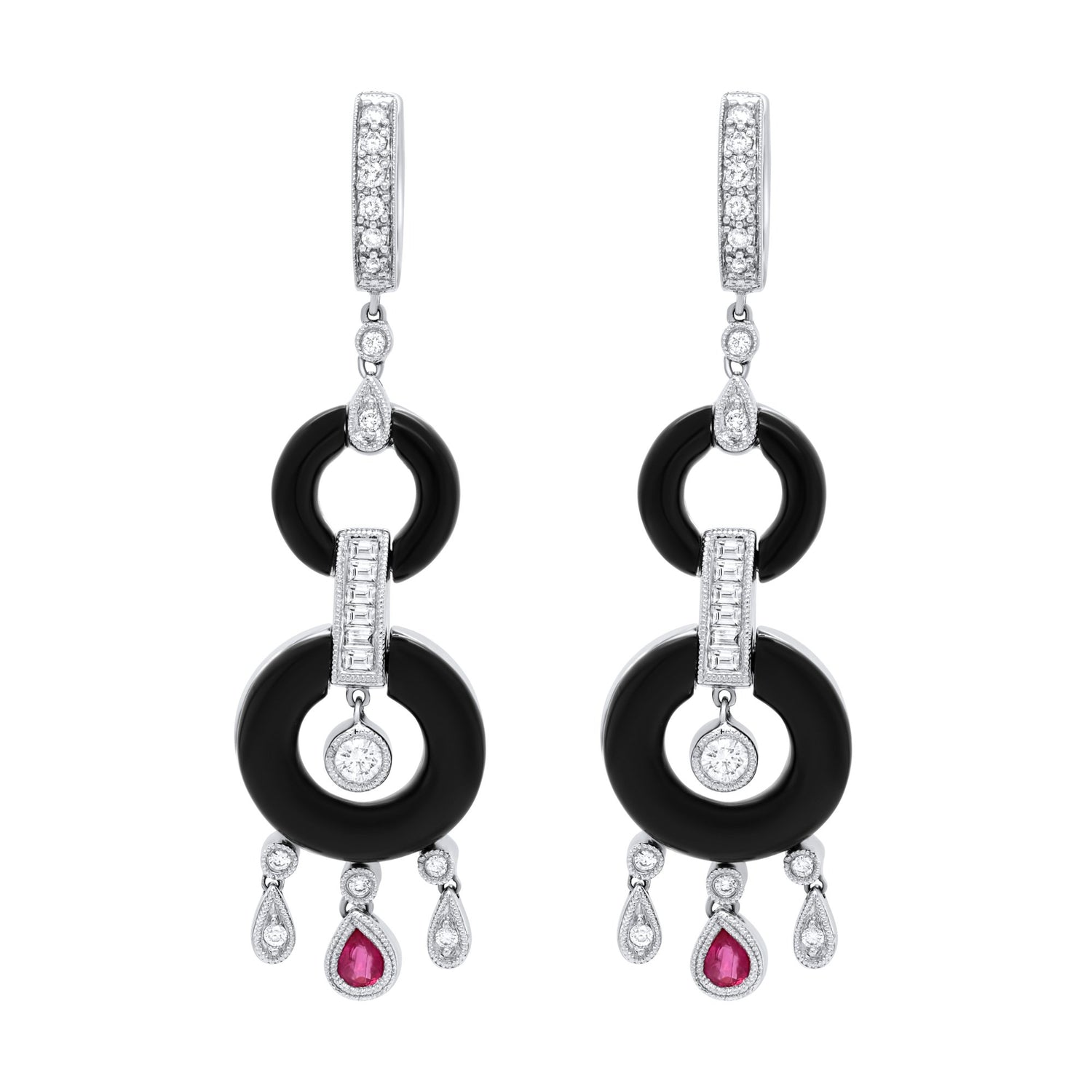 Jay Feder 18K White Gold Diamond Ruby Onyx Art Deco Earrings
