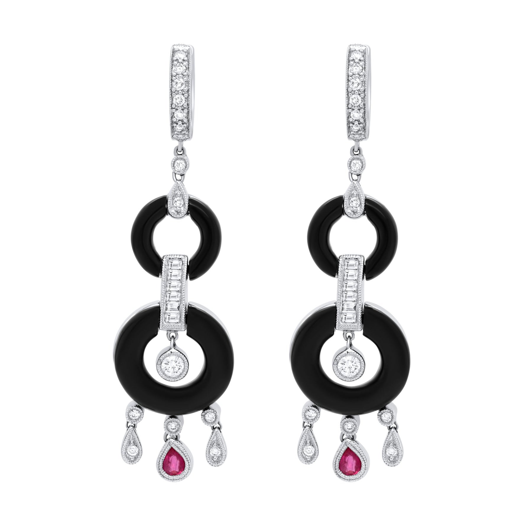 Jay Feder 18K White Gold Diamond Ruby Onyx Art Deco Earrings