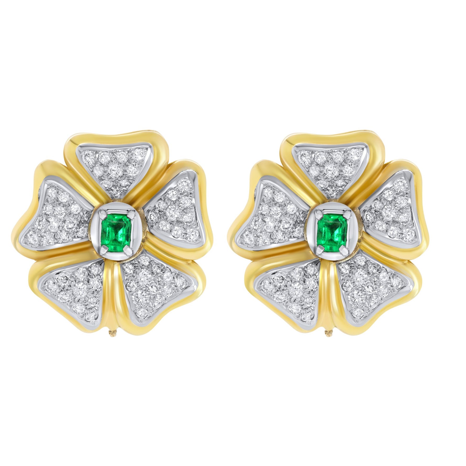 Jay Feder 14K Yellow Gold Diamond Emerald Flower Earrings