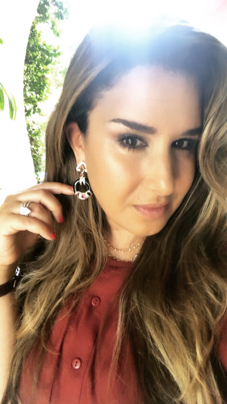 Jay Feder 18K Yellow Gold Diamond Pink Tourmaline Onyx Earrings