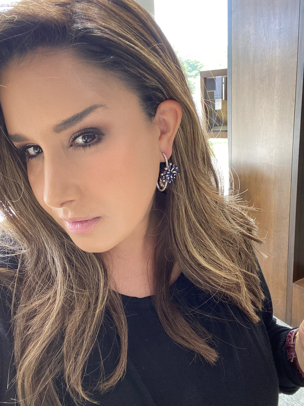 Sutra 18K White Gold Fireworks Collection Sapphire Diamond Oval Hoop Earrings