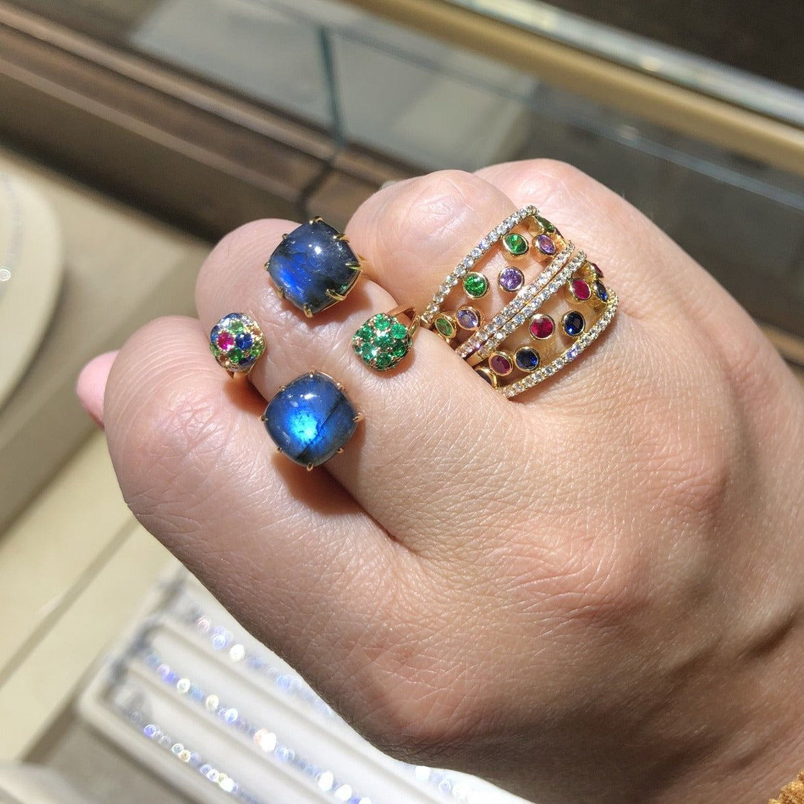 Laura Medine 18k Yellow gold Multi Colored Stone Diamond Open Ring