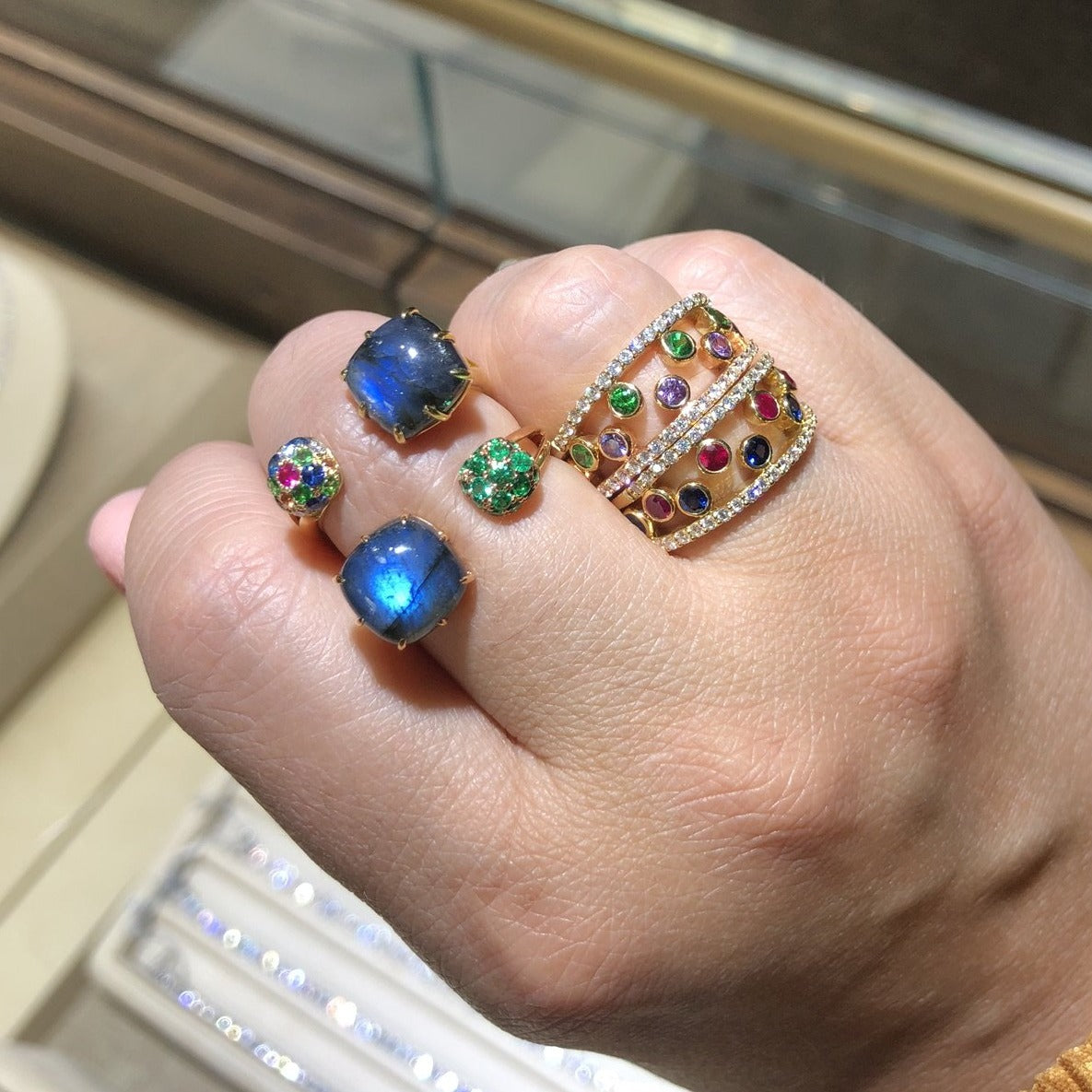 Laura Medine 18k Rose Gold Labradorite Emerald Open Ring