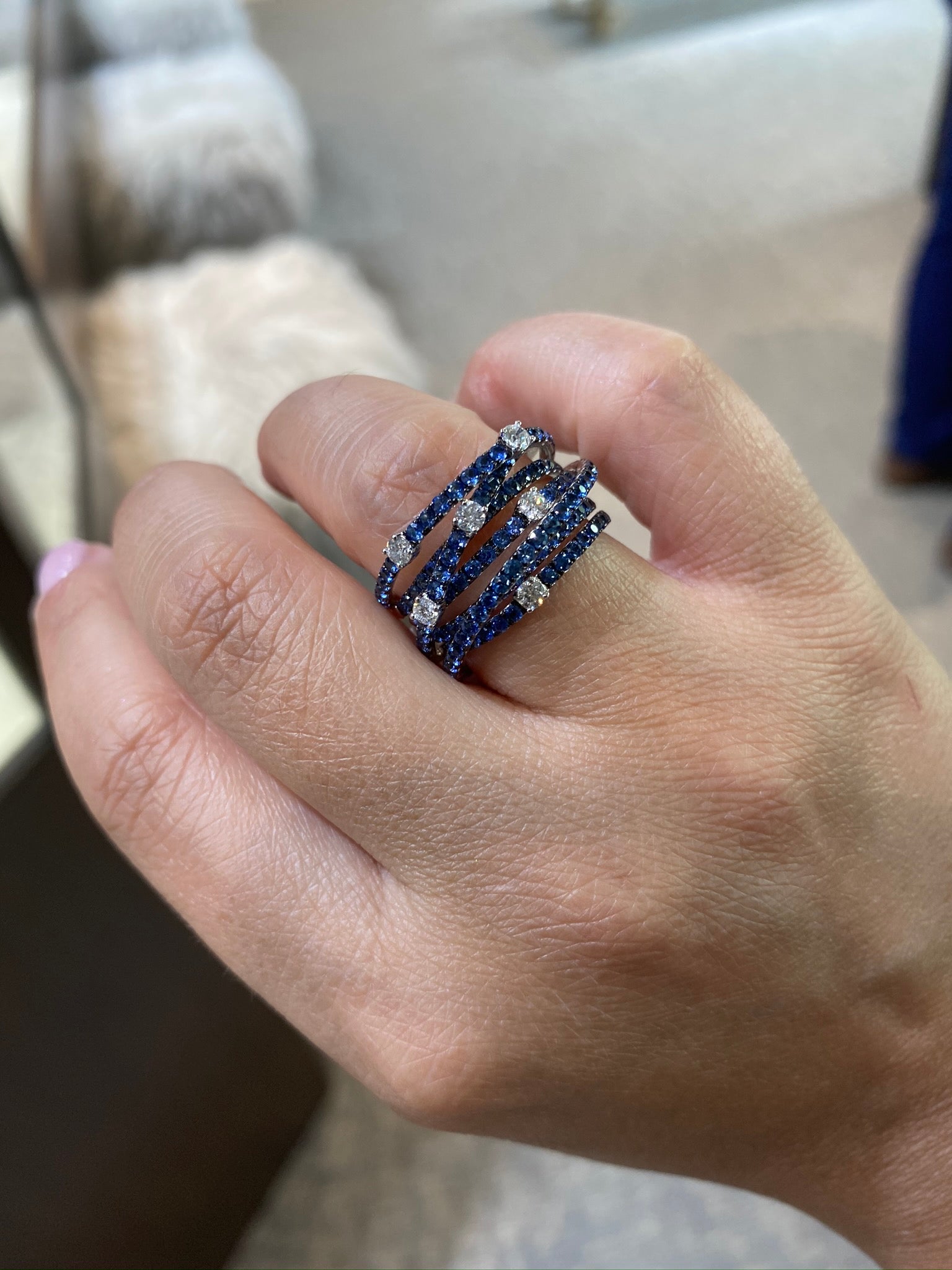 Jay Feder 14K White gold Sapphire 6 Layer Diamond ring