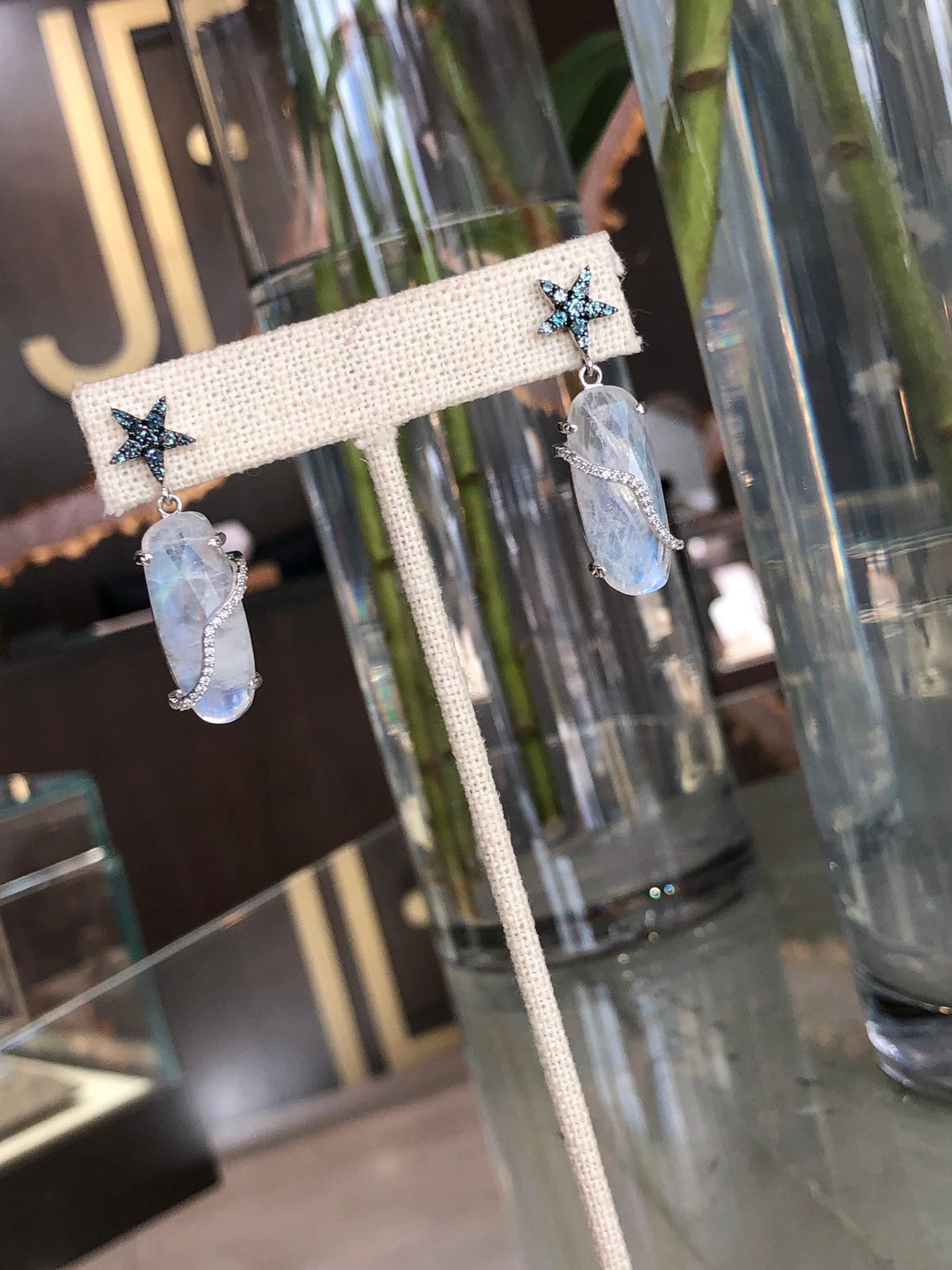 Laura Medine 18k White Gold Diamond Moonstone and Alexandrite Star Drop Dangle Earrings