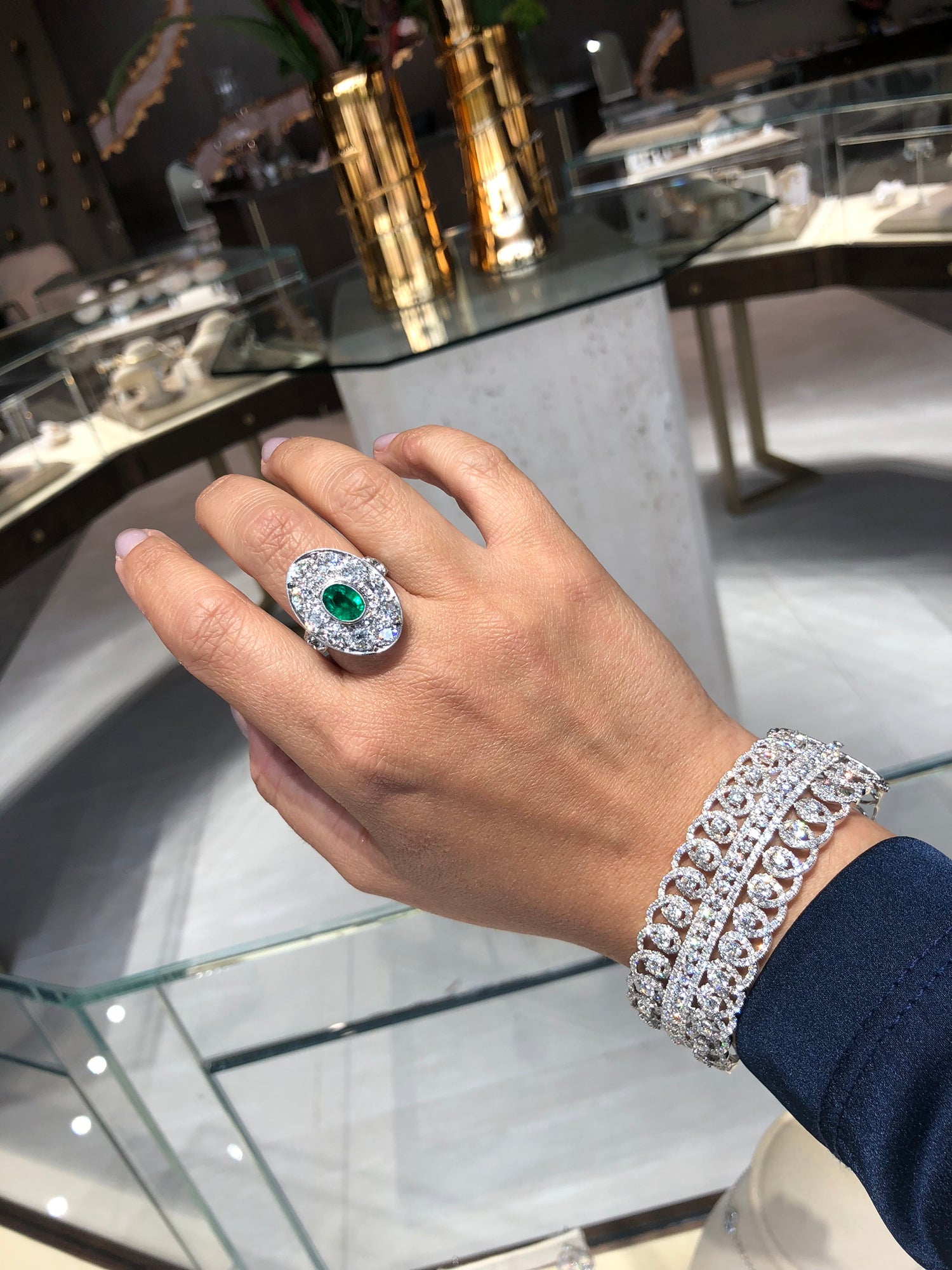 Jay Feder Vintage 18k White Gold Emerald & Diamond Oval Ring