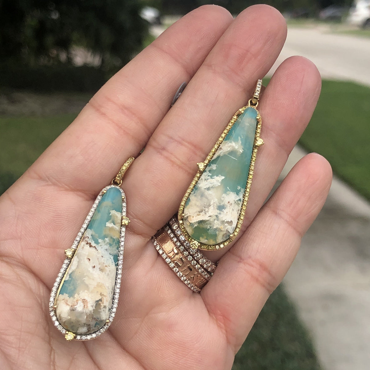 Laura Medine 18k Yellow Gold Diamond Turquoise Teardrop Earrings