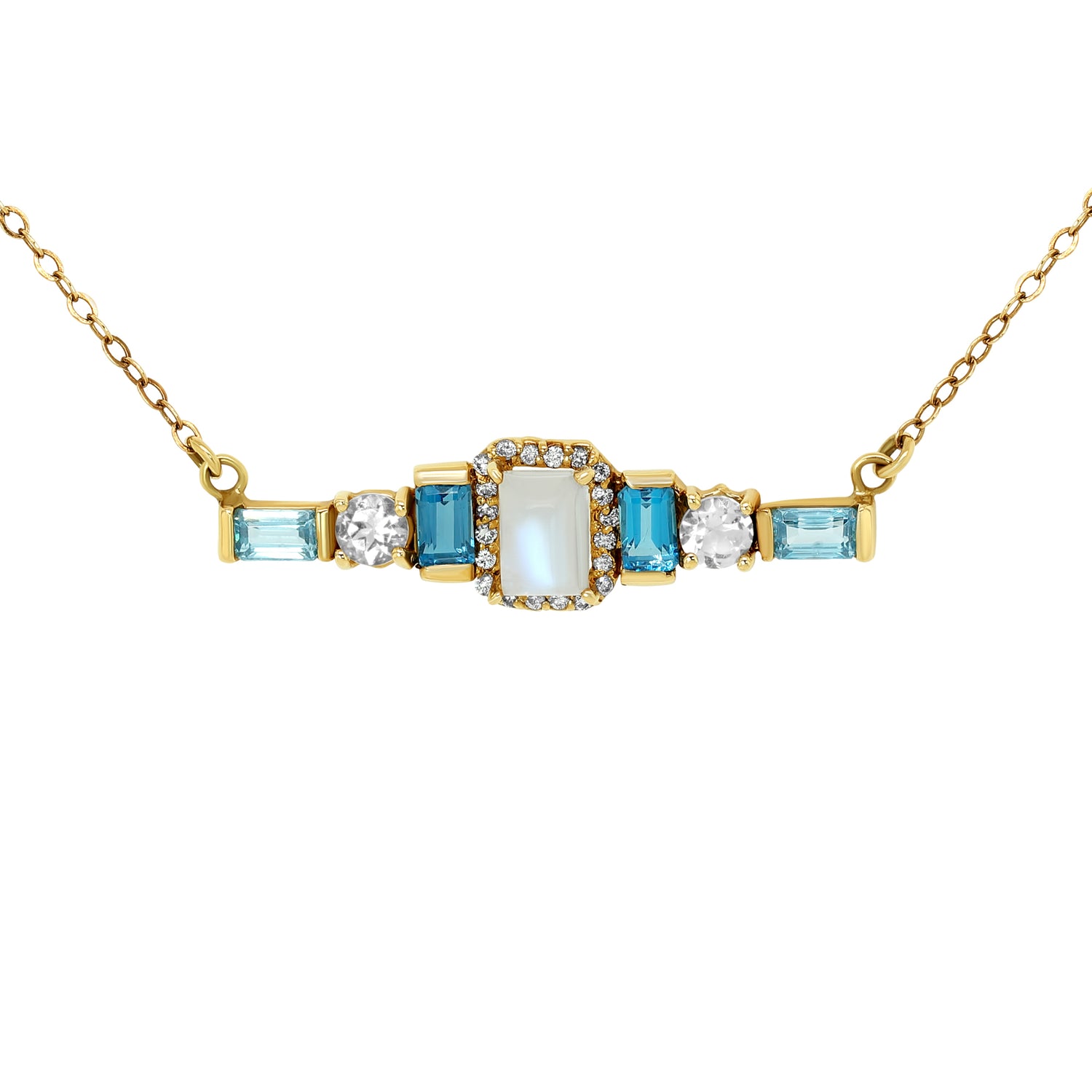 Eden Presley 14K Yellow Gold Aquamarine Blue Zircon Diamond Rainbow Moonstone Bar necklace