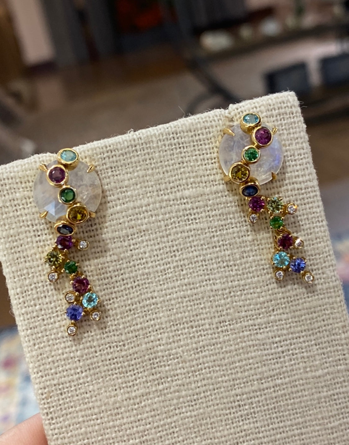 Laura Medine 18k Yellow Gold Moonstone Diamond Multi Colored Stone Drop Earrings