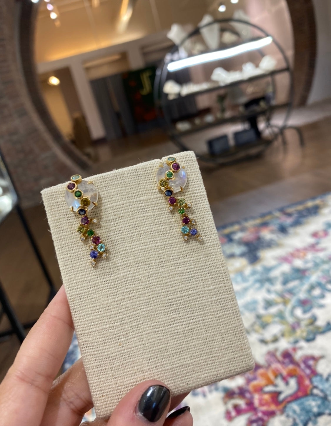 Laura Medine 18k Yellow Gold Moonstone Diamond Multi Colored Stone Drop Earrings