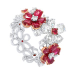 Kamyen 18K White Gold Diamond Ruby Flower Ring